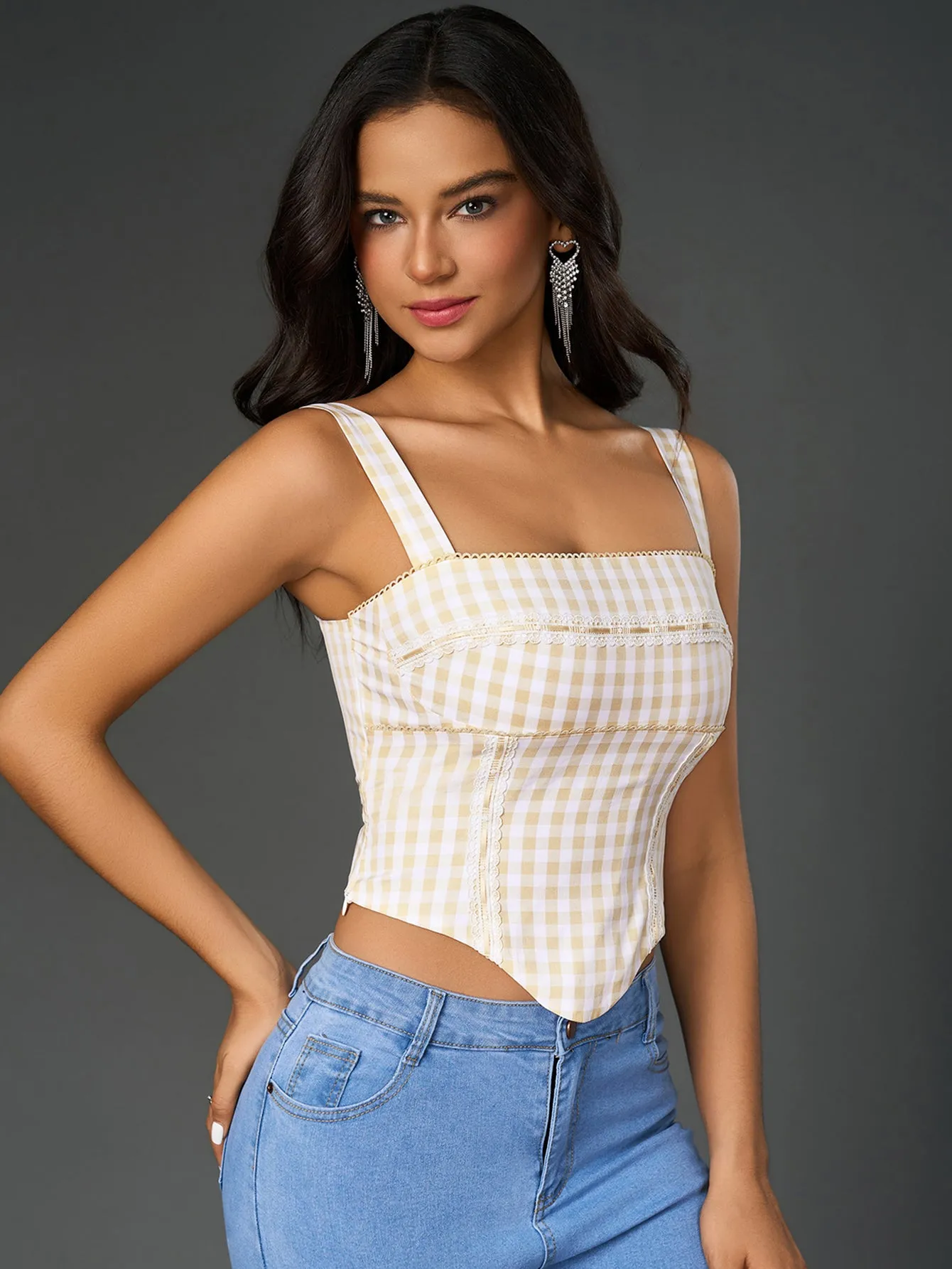 Embellished Lace Asymmetrical Hem Plaid Print Top sold by Parthea Fashion product image thumbnail 3