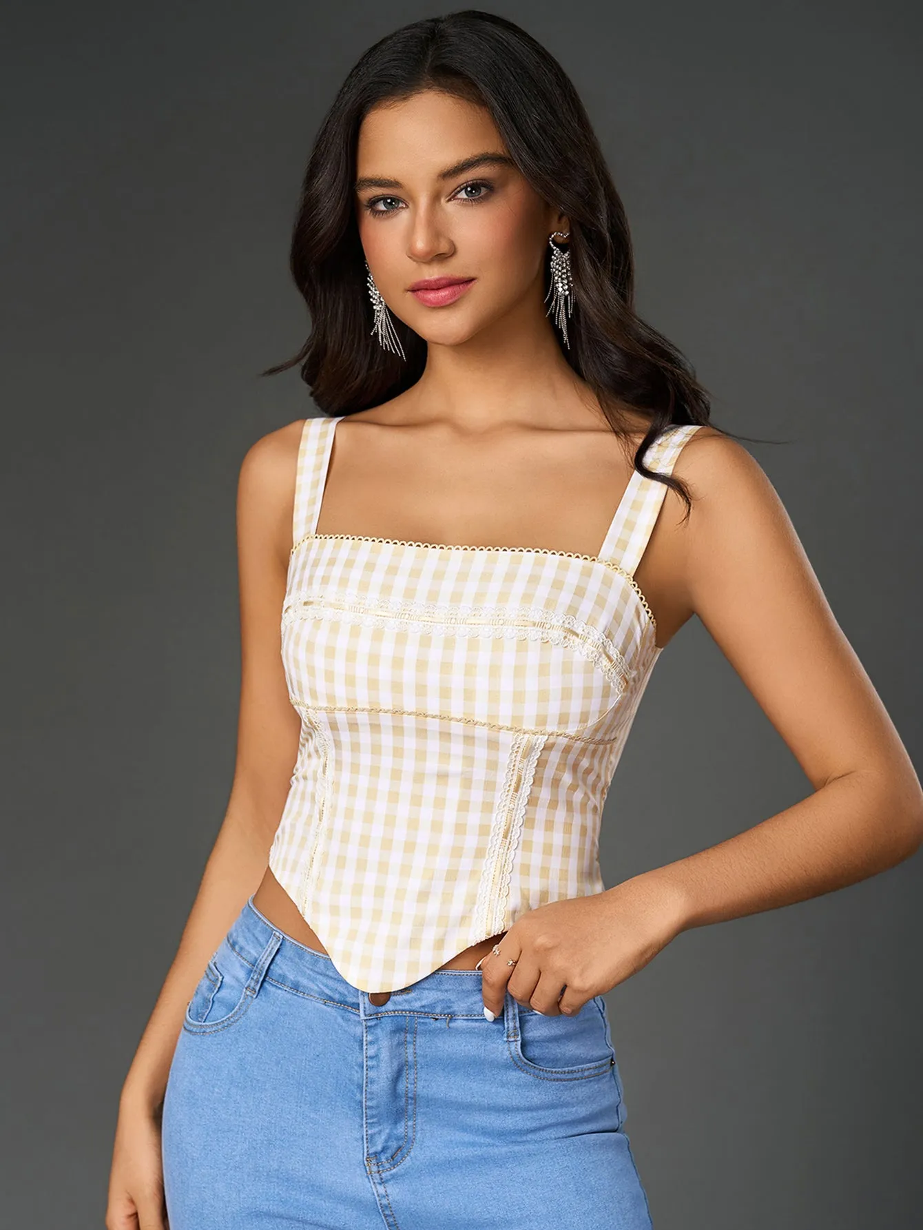 Embellished Lace Asymmetrical Hem Plaid Print Top sold by Parthea Fashion