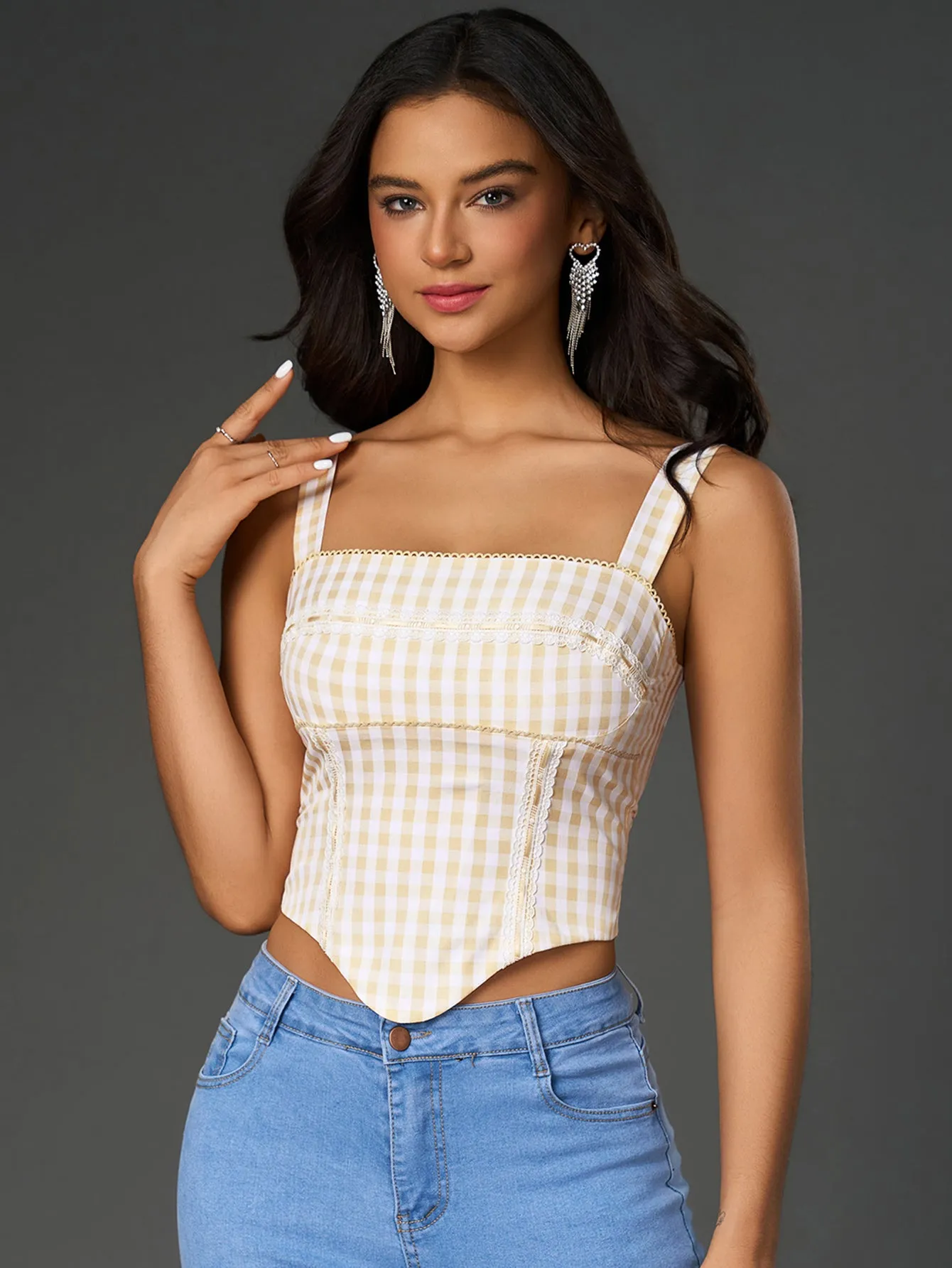 Embellished Lace Asymmetrical Hem Plaid Print Top sold by Parthea Fashion product image thumbnail 5