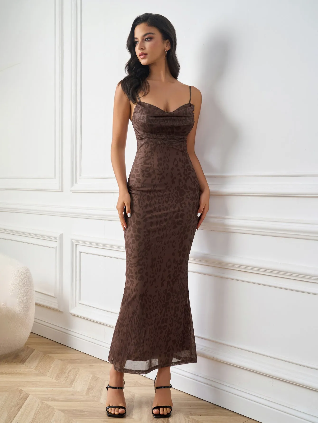 Draped Bust Backless Mesh Print Cami Dress sold by Parthea Fashion product image thumbnail 3