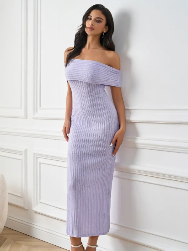 Off Shoulder Knitted Bodycon Solid Dress sold by Parthea Fashion