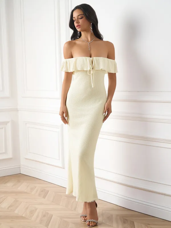 Off Shoulder Trim Tie Front Knitted Bodycon Dress sold by Parthea Fashion