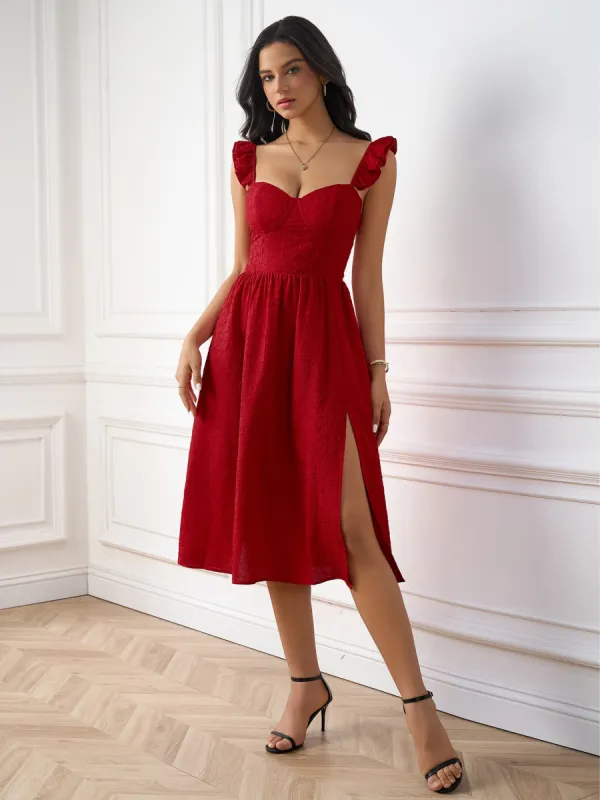 Fly Sleeve Ruched Split Thigh Solid Dress sold by Parthea Fashion