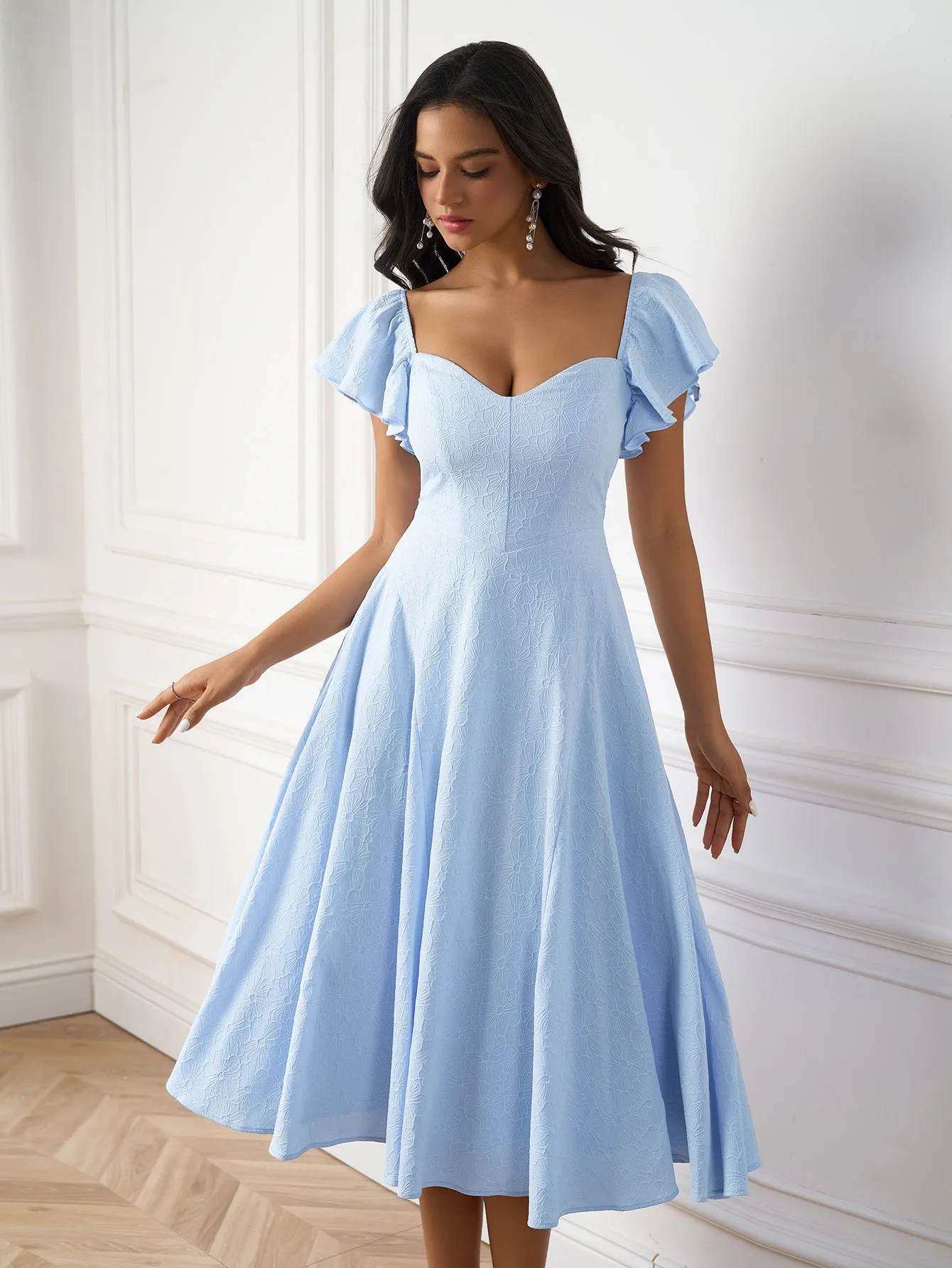 Flounce Sleeve Jacquard Solid Midi Dress sold by Parthea Fashion product image thumbnail 3