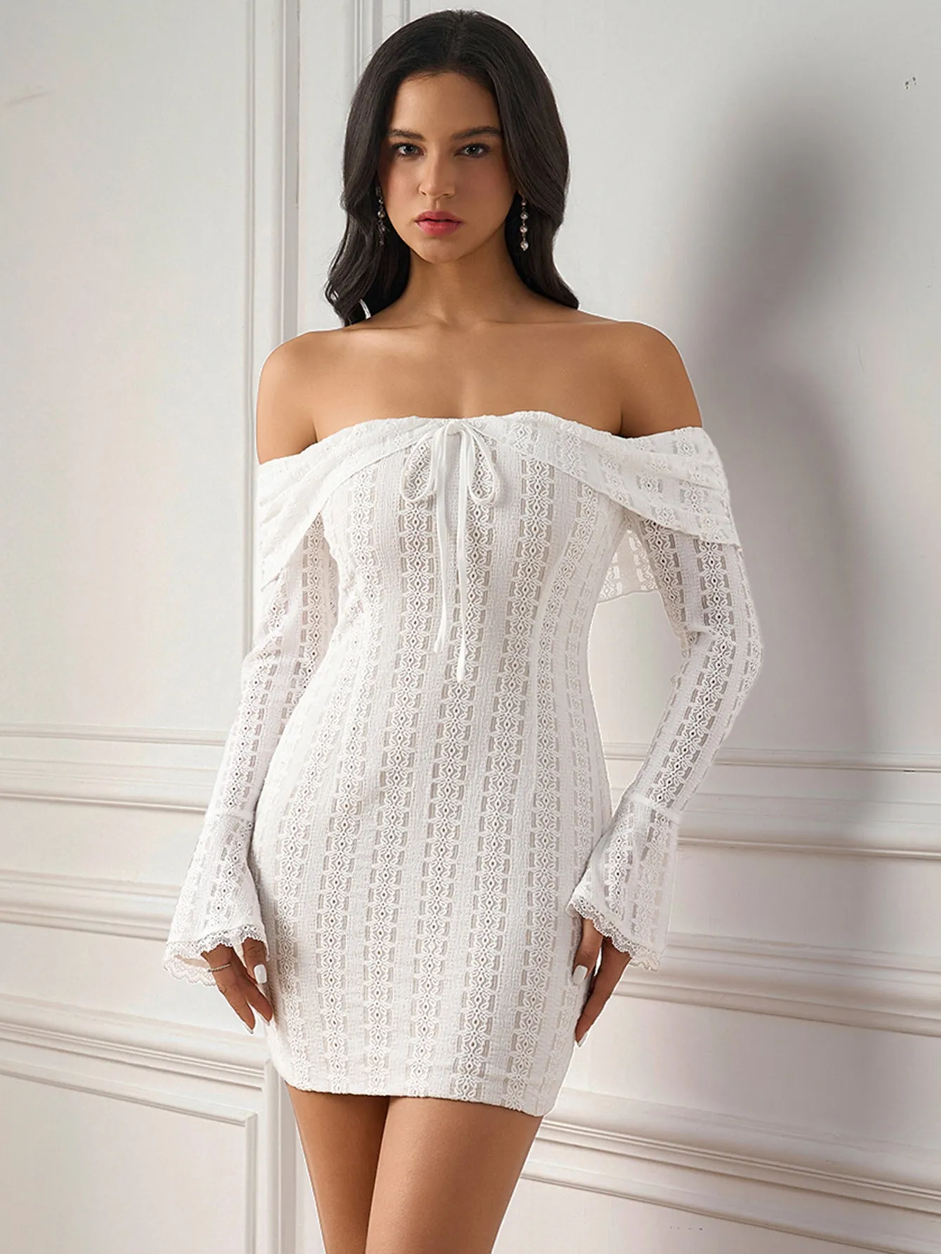 Flounce Sleeve Off Shoulder Lace Bodycon Dress sold by Parthea Fashion