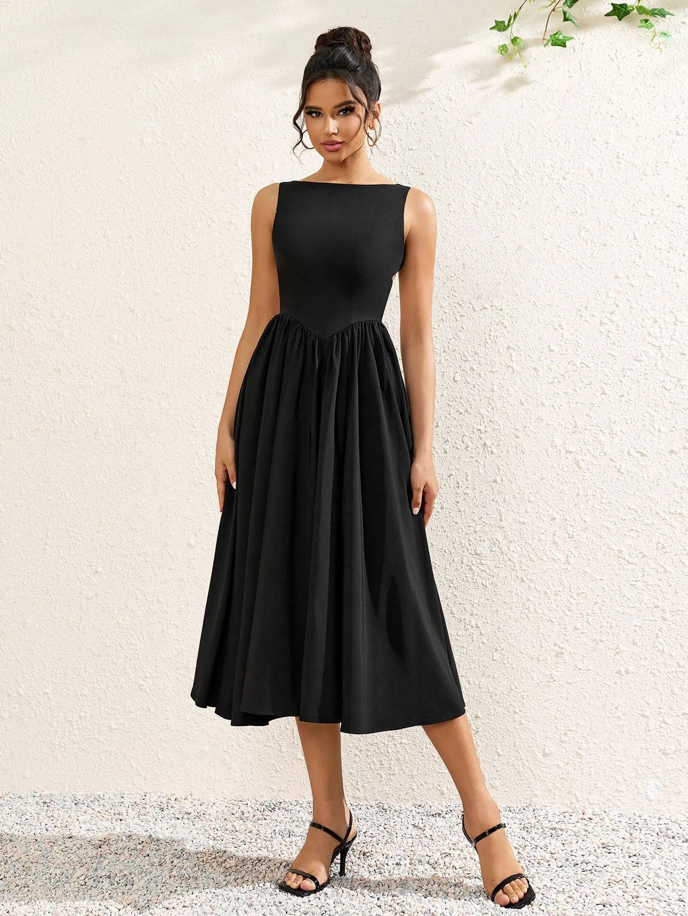 Crew Neck Backless Cut Out Ruched Solid Dress sold by Parthea Fashion product image thumbnail 5