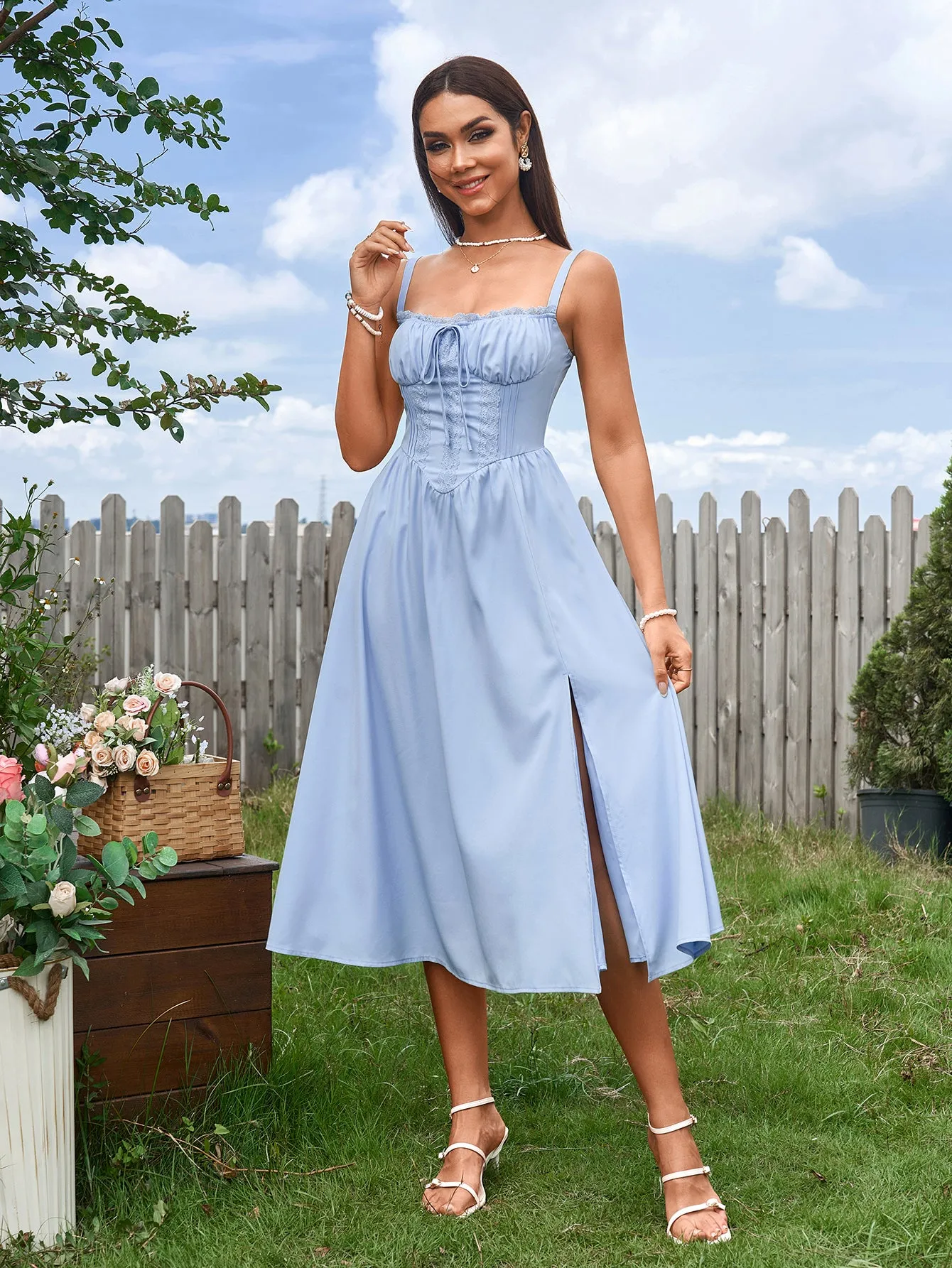 Ruched Bust Tie Front Split Thigh Ruched Cami Dress sold by Parthea Fashion product image thumbnail 5