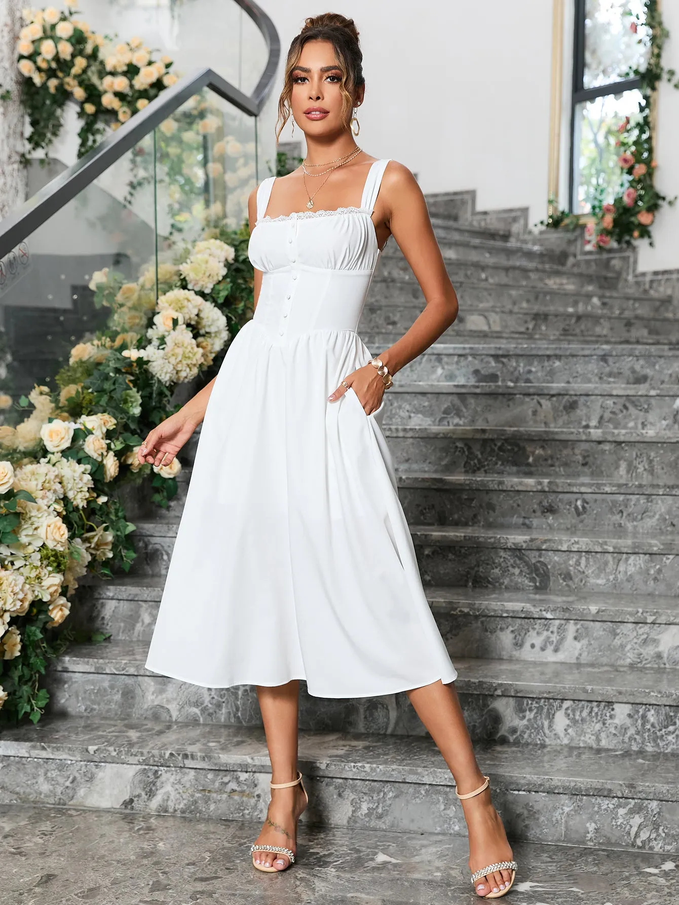 Crisscross Tie Back Button Pocket Solid Dress sold by Parthea Fashion product image thumbnail 5