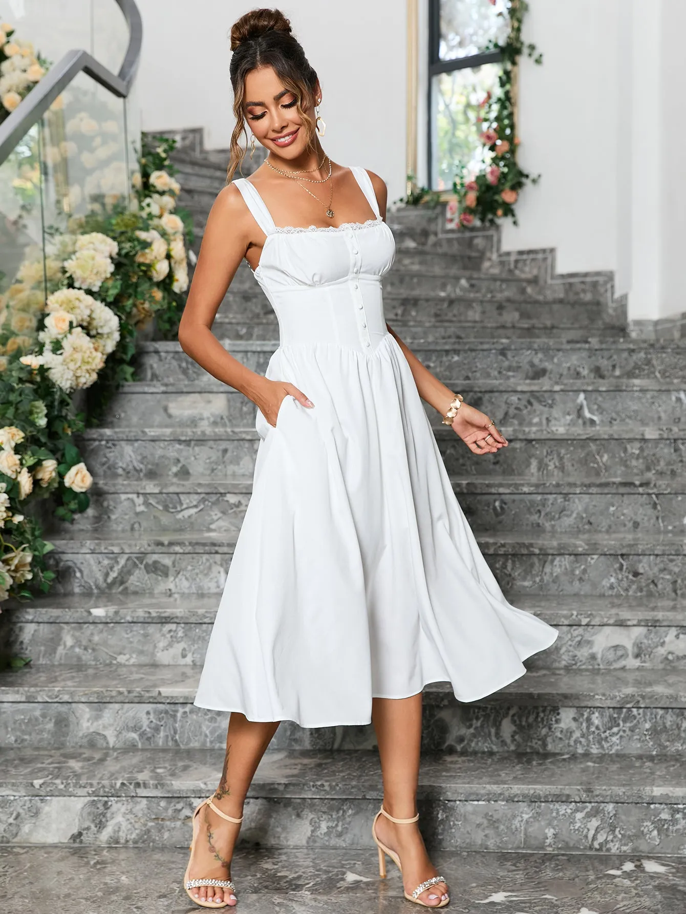 Crisscross Tie Back Button Pocket Solid Dress sold by Parthea Fashion product image thumbnail 3