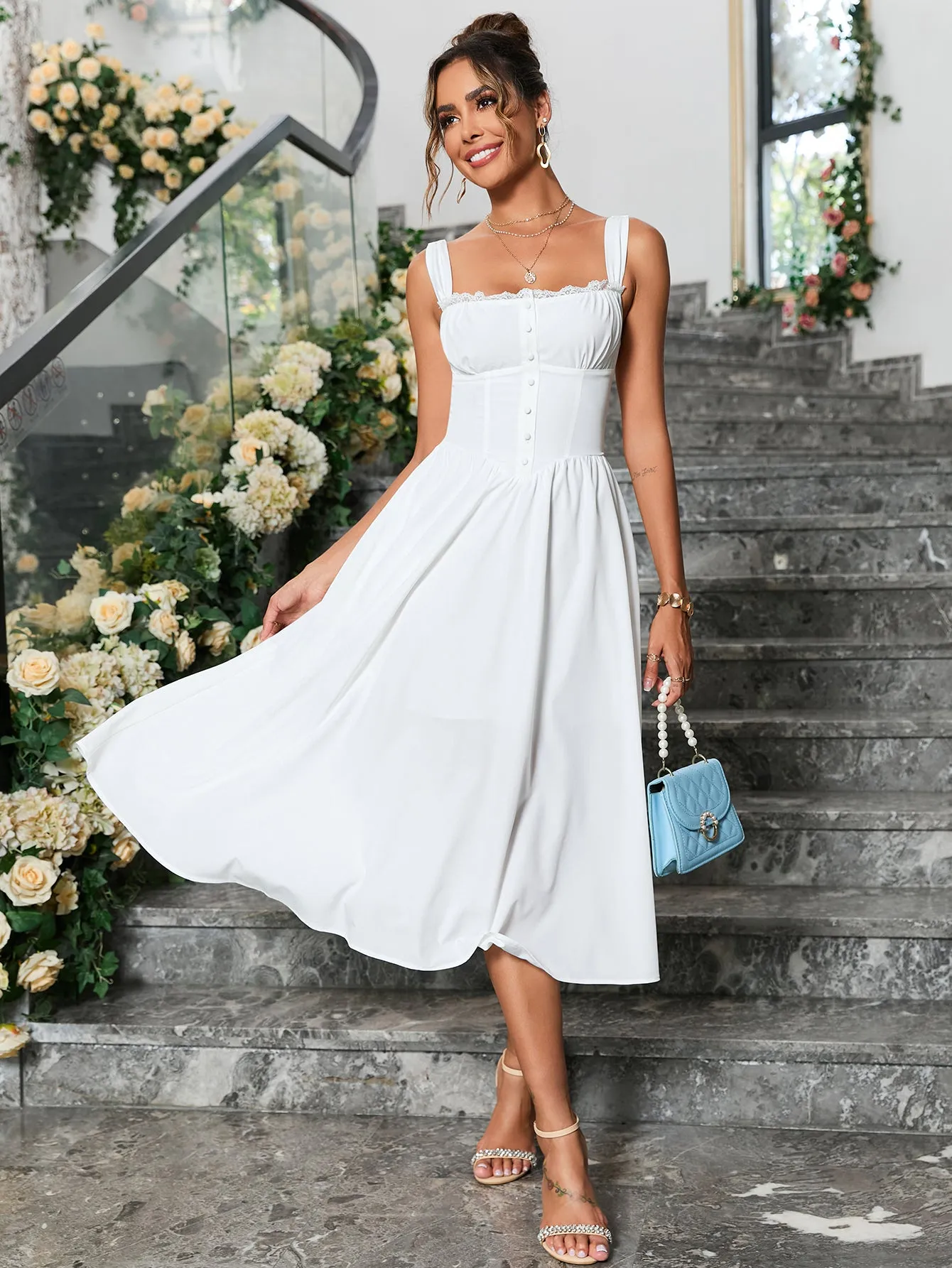 Crisscross Tie Back Button Pocket Solid Dress sold by Parthea Fashion