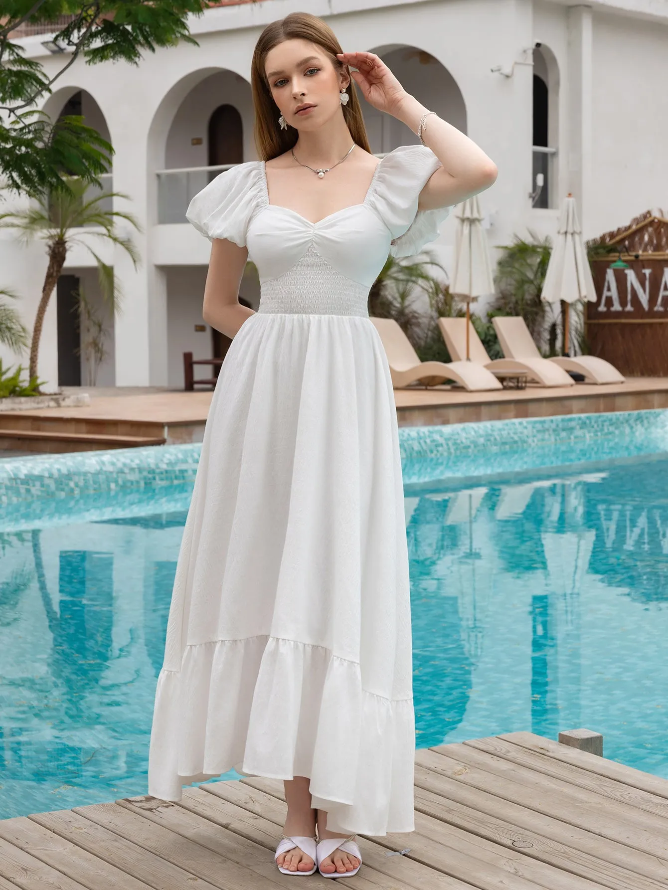 Puff Sleeve Ruched Waist Flared Long Dress sold by Parthea Fashion product image thumbnail 4