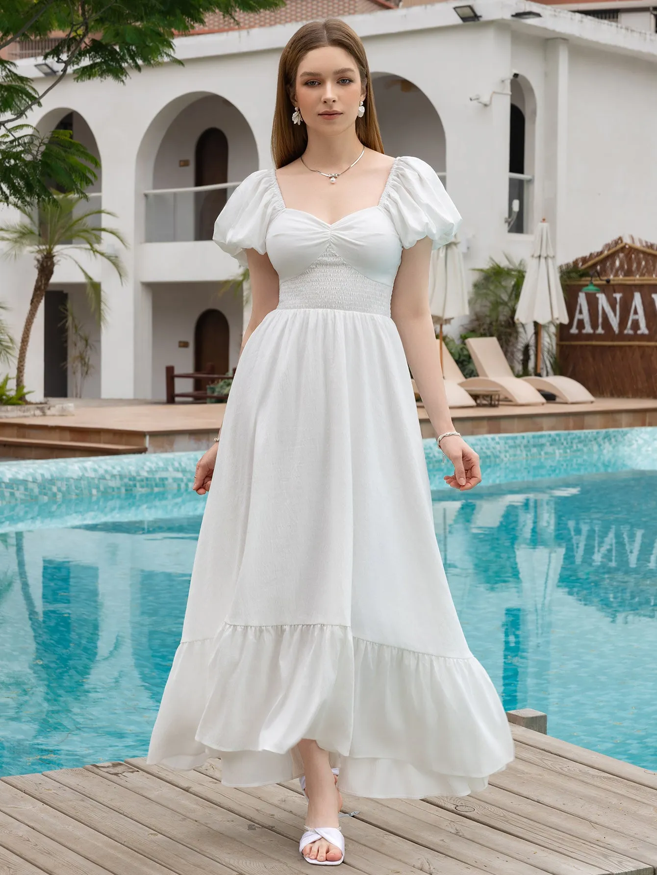 Puff Sleeve Ruched Waist Flared Long Dress sold by Parthea Fashion product image thumbnail 5