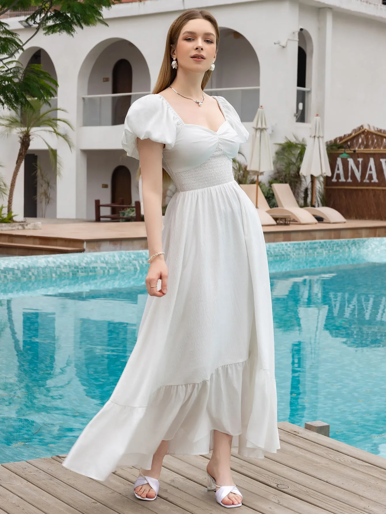 Puff Sleeve Ruched Waist Flared Long Dress sold by Parthea Fashion product image thumbnail 3
