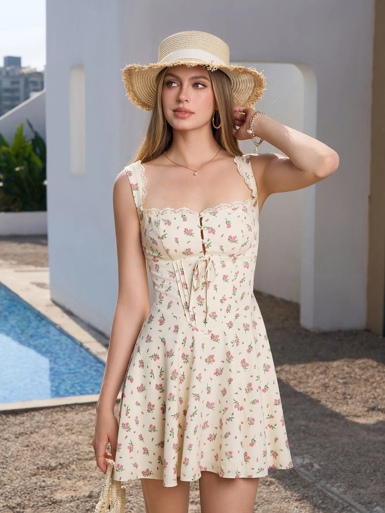 Embellished Button Lace Trim Floral Print Mini Dress sold by Parthea Fashion product image thumbnail 4