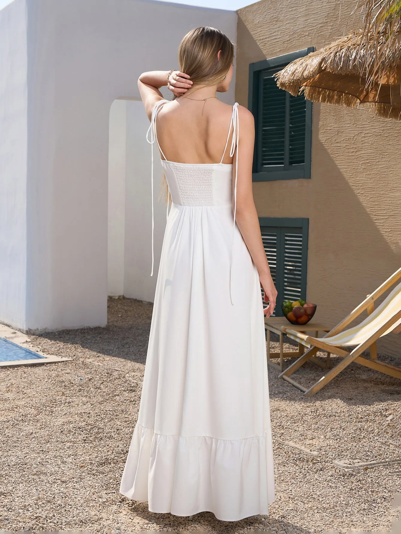 Tie Shoulder Ruched Bust Maxi Solid Dress sold by Parthea Fashion product image thumbnail 2