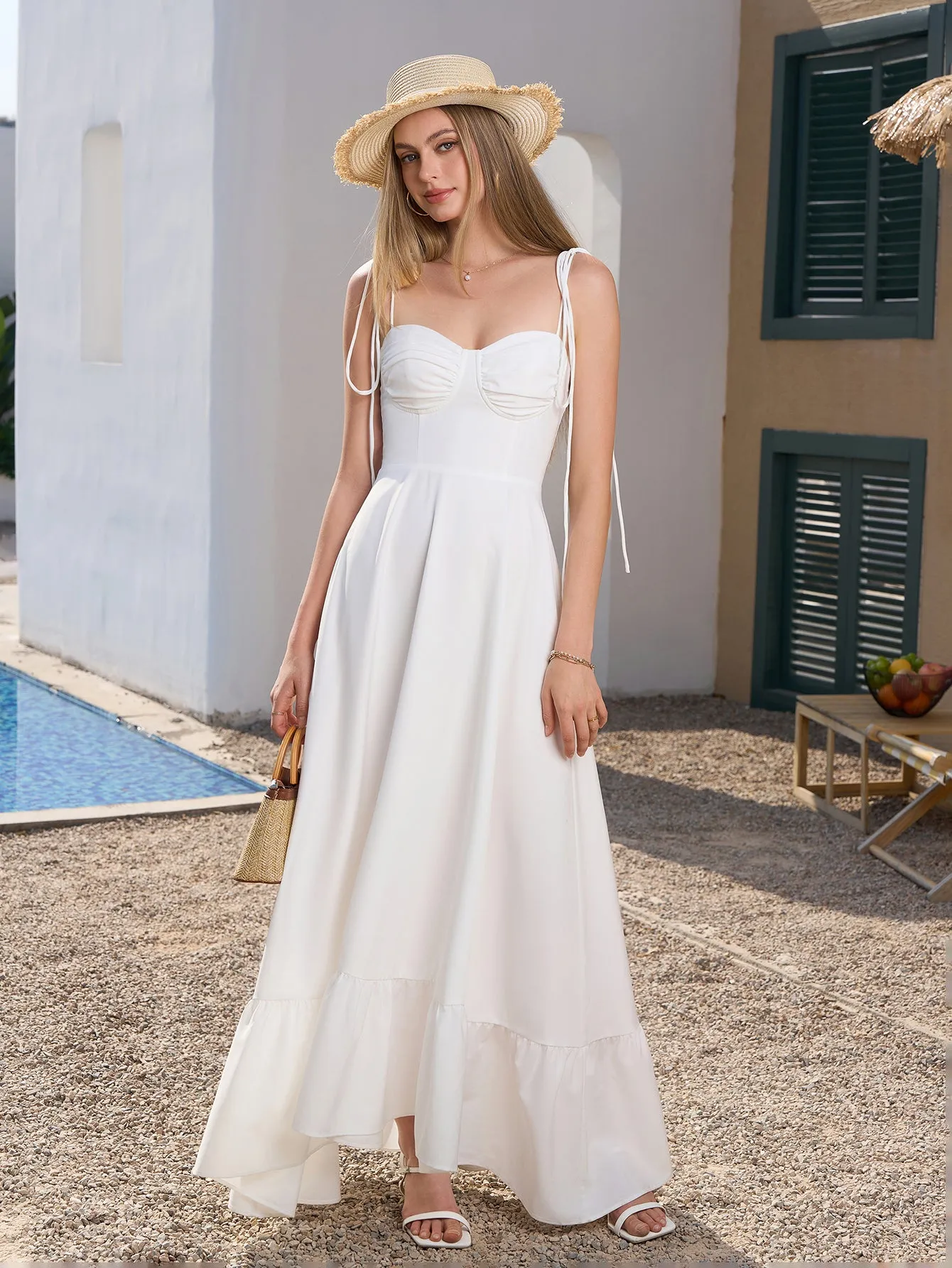 Tie Shoulder Ruched Bust Maxi Solid Dress sold by Parthea Fashion product image thumbnail 4