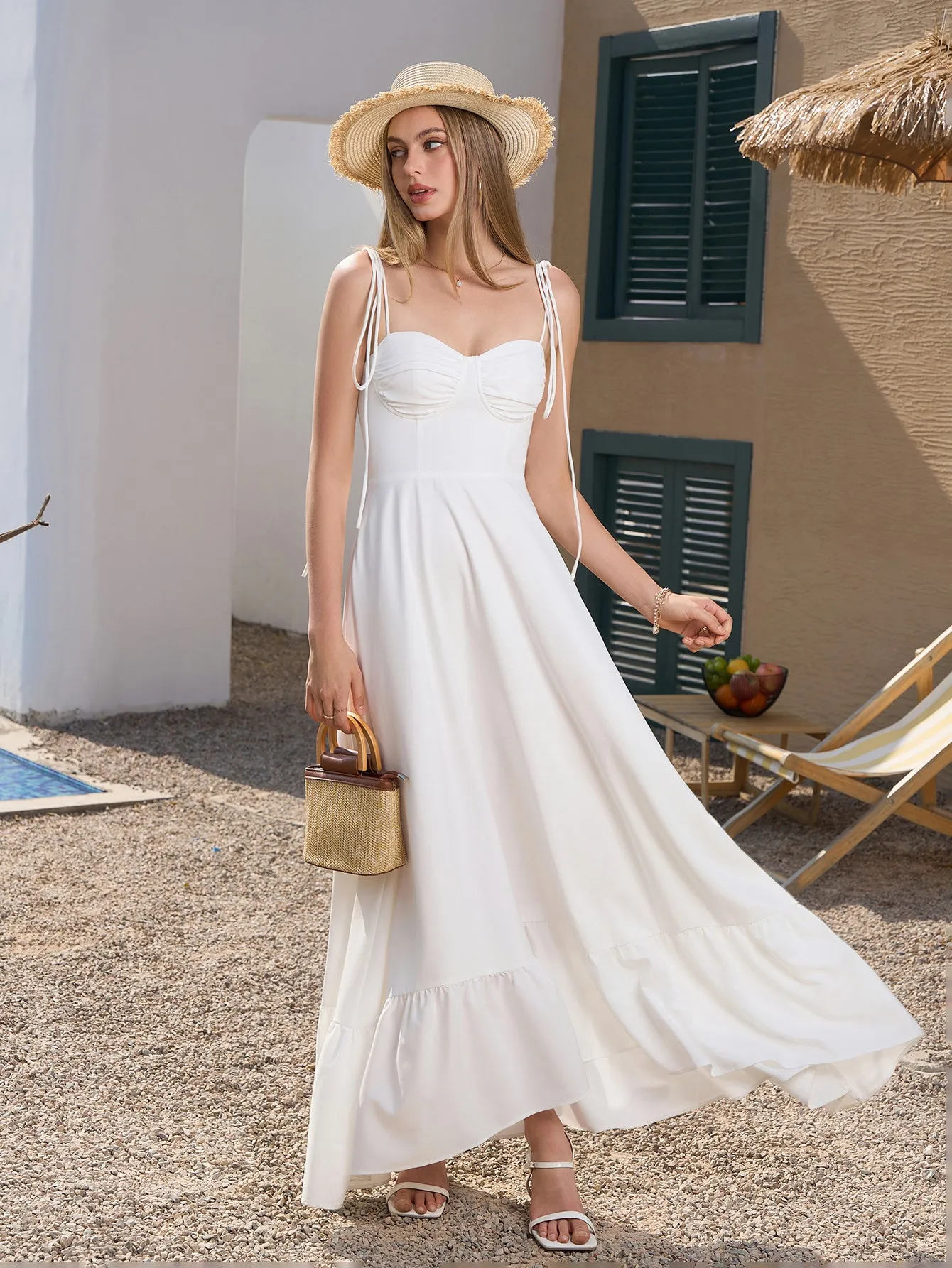 Tie Shoulder Ruched Bust Maxi Solid Dress sold by Parthea Fashion product image thumbnail 3