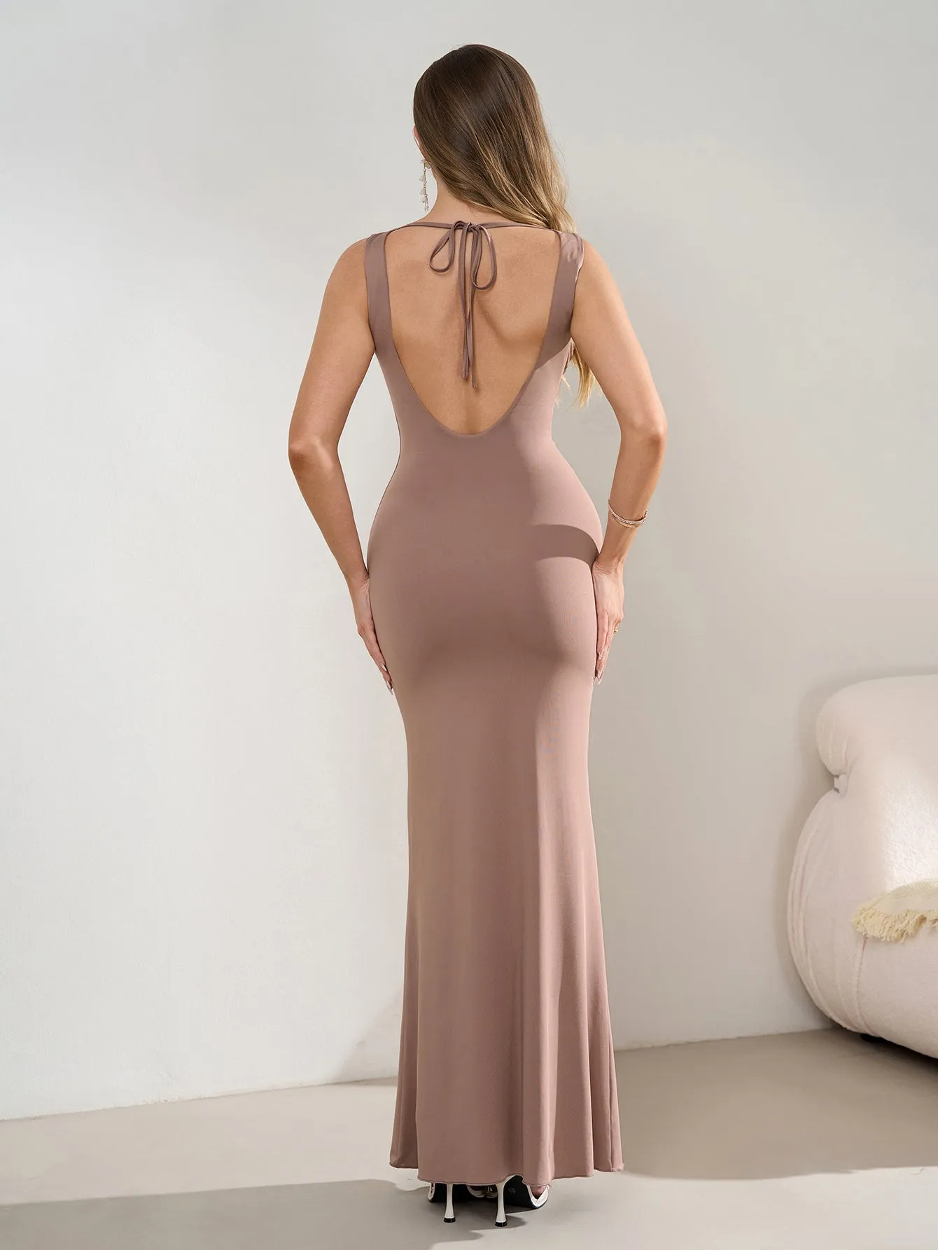 Deep V-Neck Ruched Waist Tie Backless Bodycon Dress sold by Parthea Fashion product image thumbnail 2