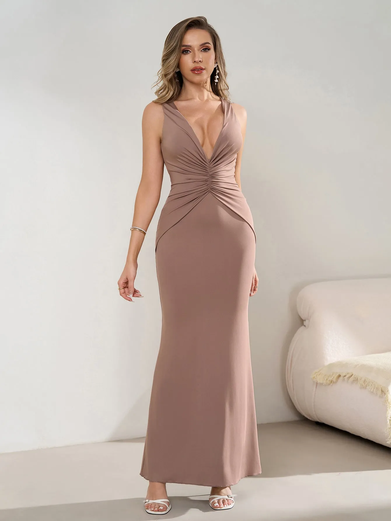 Deep V-Neck Ruched Waist Tie Backless Bodycon Dress sold by Parthea Fashion