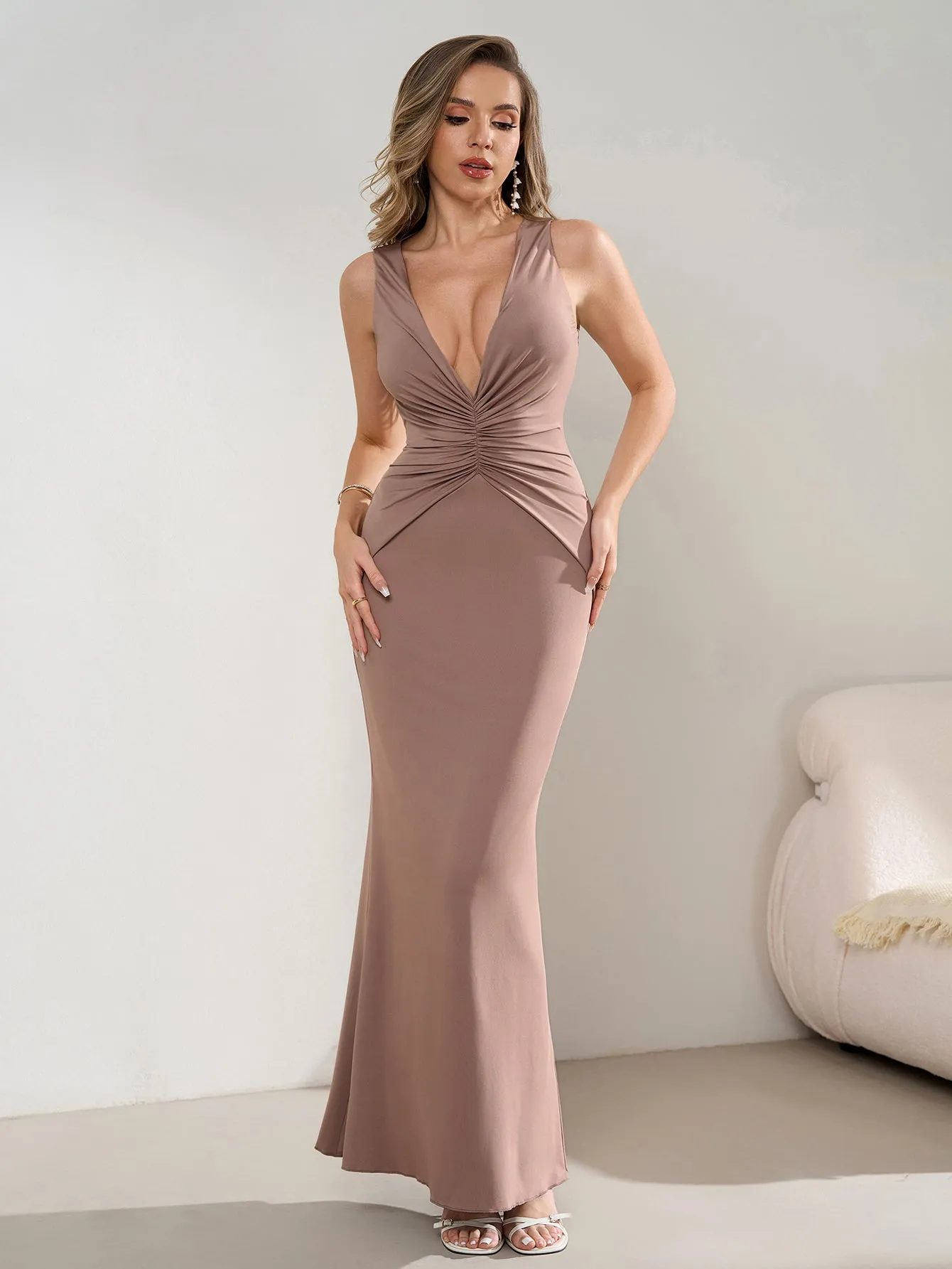 Deep V-Neck Ruched Waist Tie Backless Bodycon Dress sold by Parthea Fashion product image thumbnail 3