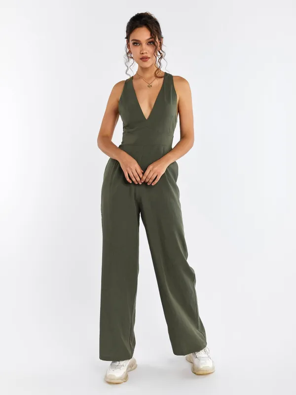 Deep V-Neck Crisscross Back Pocket Jumpsuit sold by Parthea Fashion