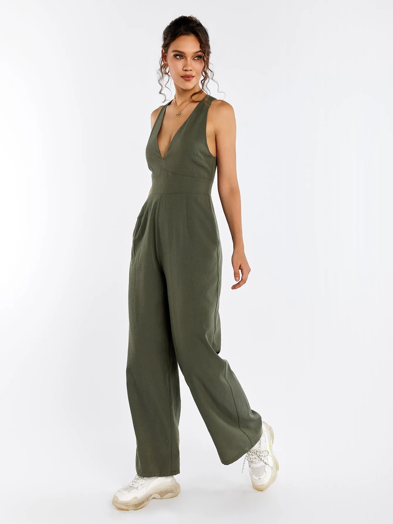 Deep V-Neck Crisscross Back Pocket Jumpsuit sold by Parthea Fashion product image thumbnail 3