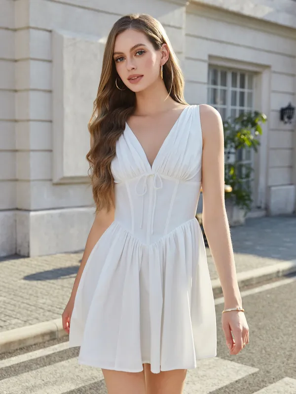 V-Neck Tie Boning Ruched Corset Dress sold by Parthea Fashion