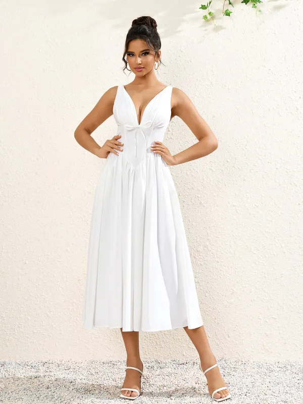Deep V-Neck Bow Tie Ruched Corset Dress with Pockets sold by Parthea Fashion