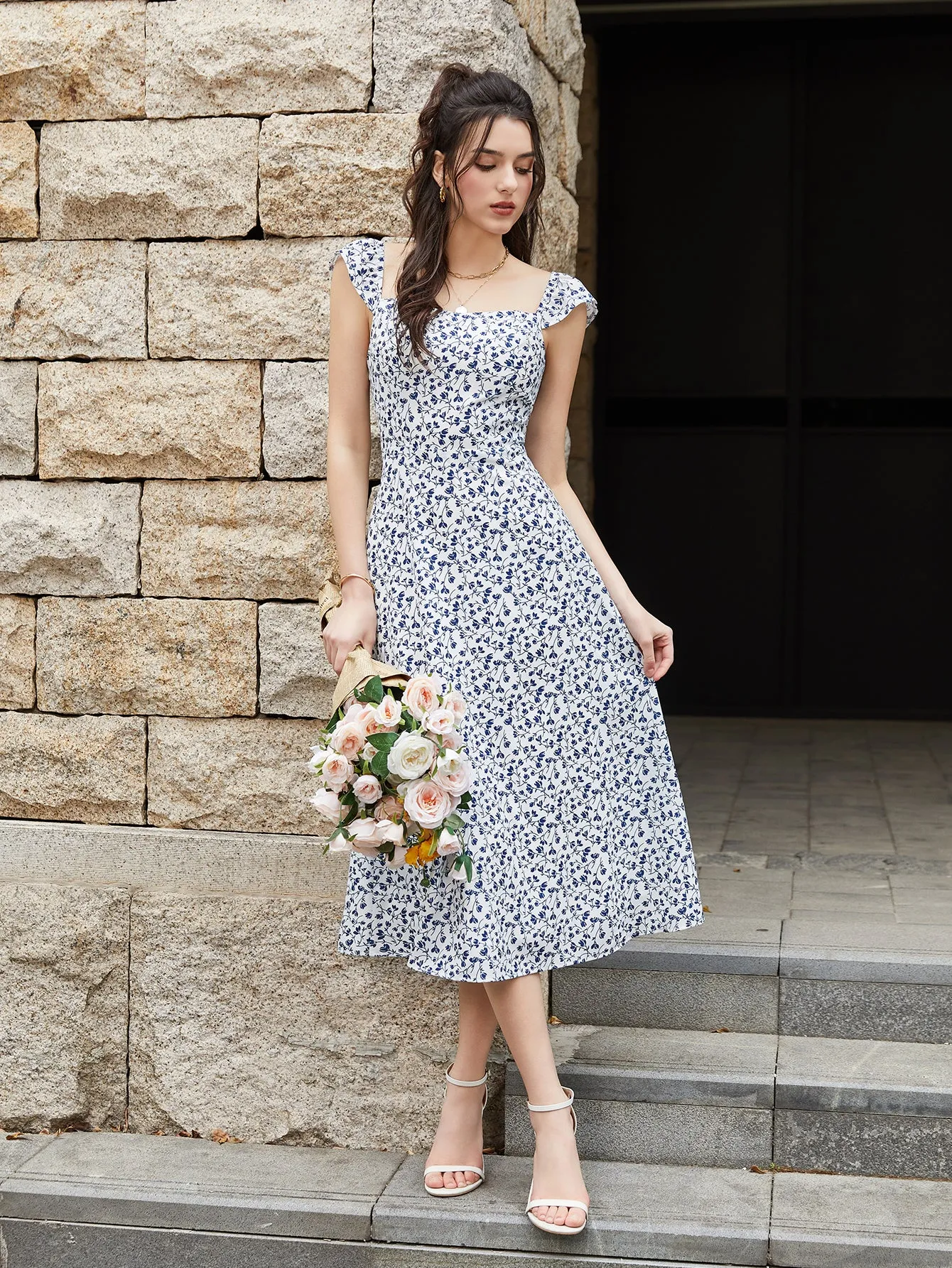 Fly Sleeve Floral Print Ruched Midi Dress sold by Parthea Fashion product image thumbnail 5