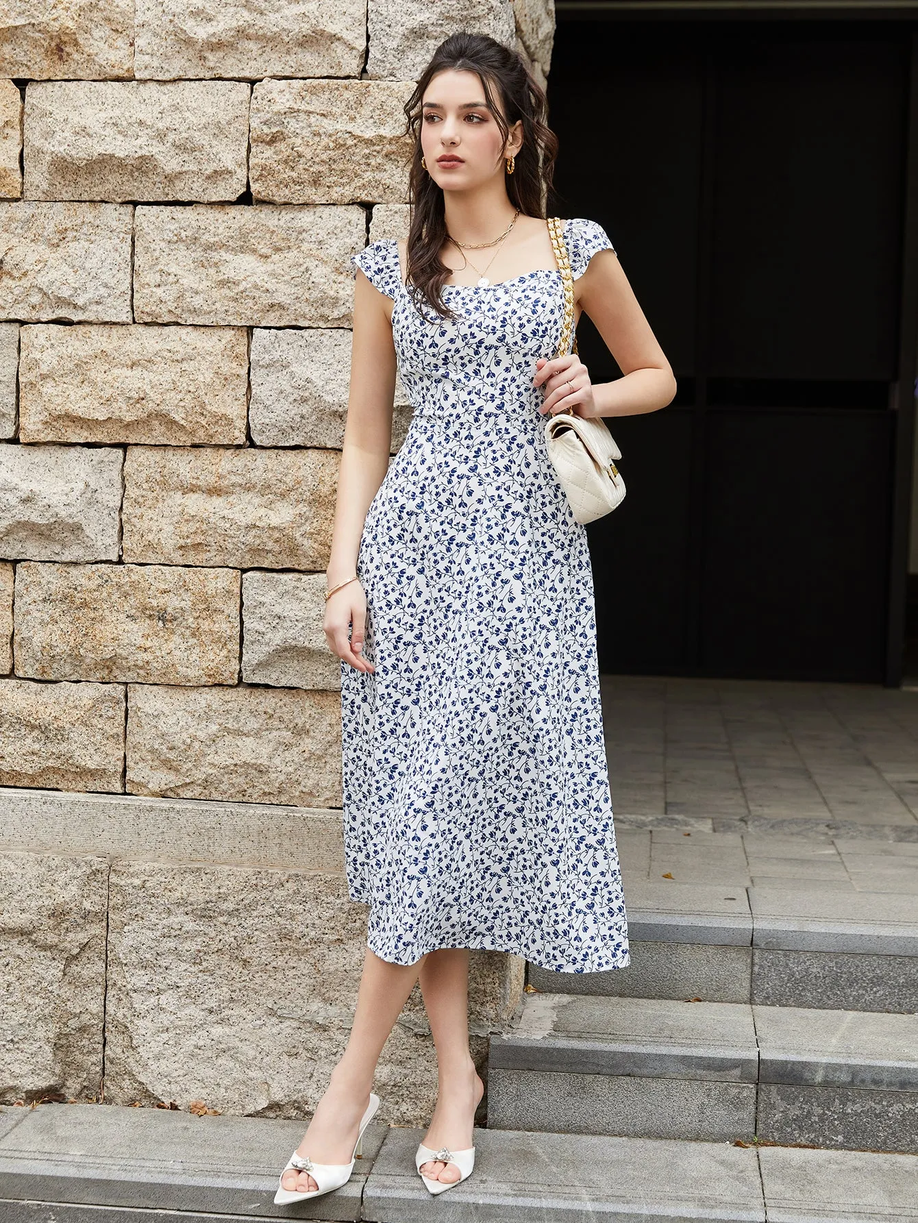 Fly Sleeve Floral Print Ruched Midi Dress sold by Parthea Fashion product image thumbnail 4