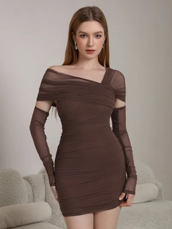 Asymmetrical Shoulder Ruched Mesh Bodycon Dress sold by Parthea Fashion