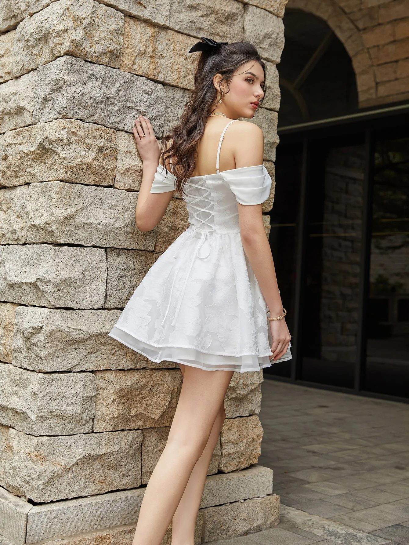 Off Shoulder Jacquard Crisscross Tie Back Cami Dress sold by Parthea Fashion product image thumbnail 2