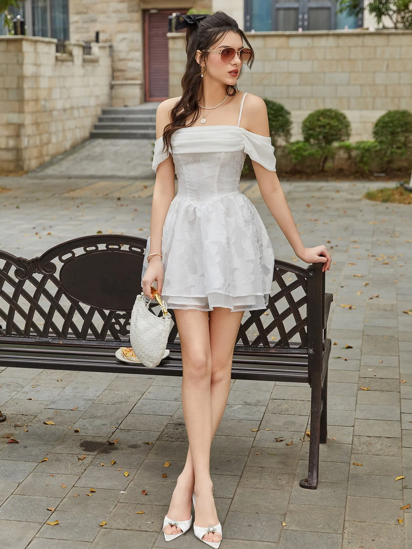 Off Shoulder Jacquard Crisscross Tie Back Cami Dress sold by Parthea Fashion product image thumbnail 5