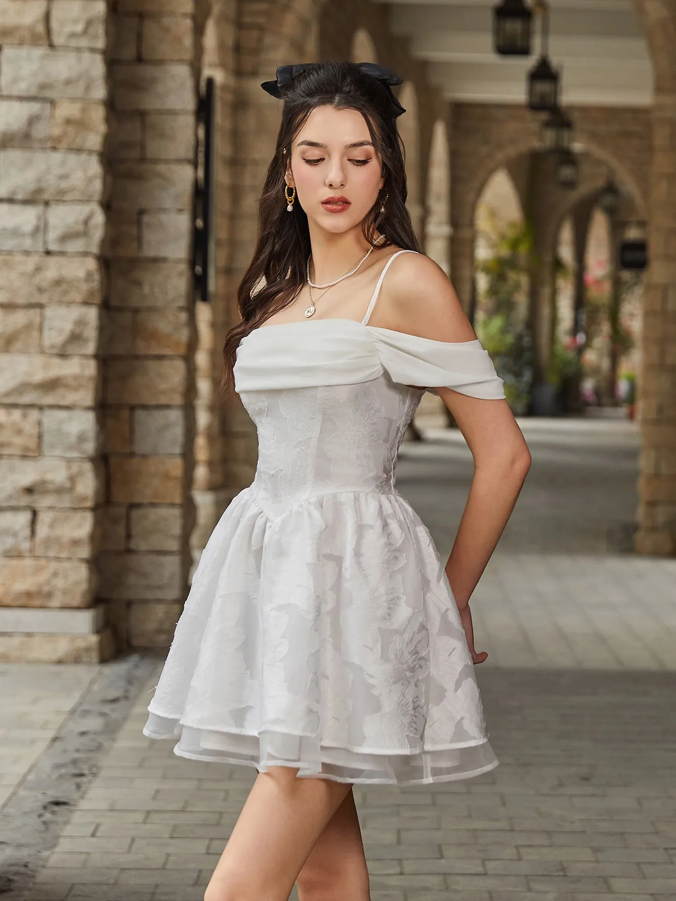 Off Shoulder Jacquard Crisscross Tie Back Cami Dress sold by Parthea Fashion product image thumbnail 4