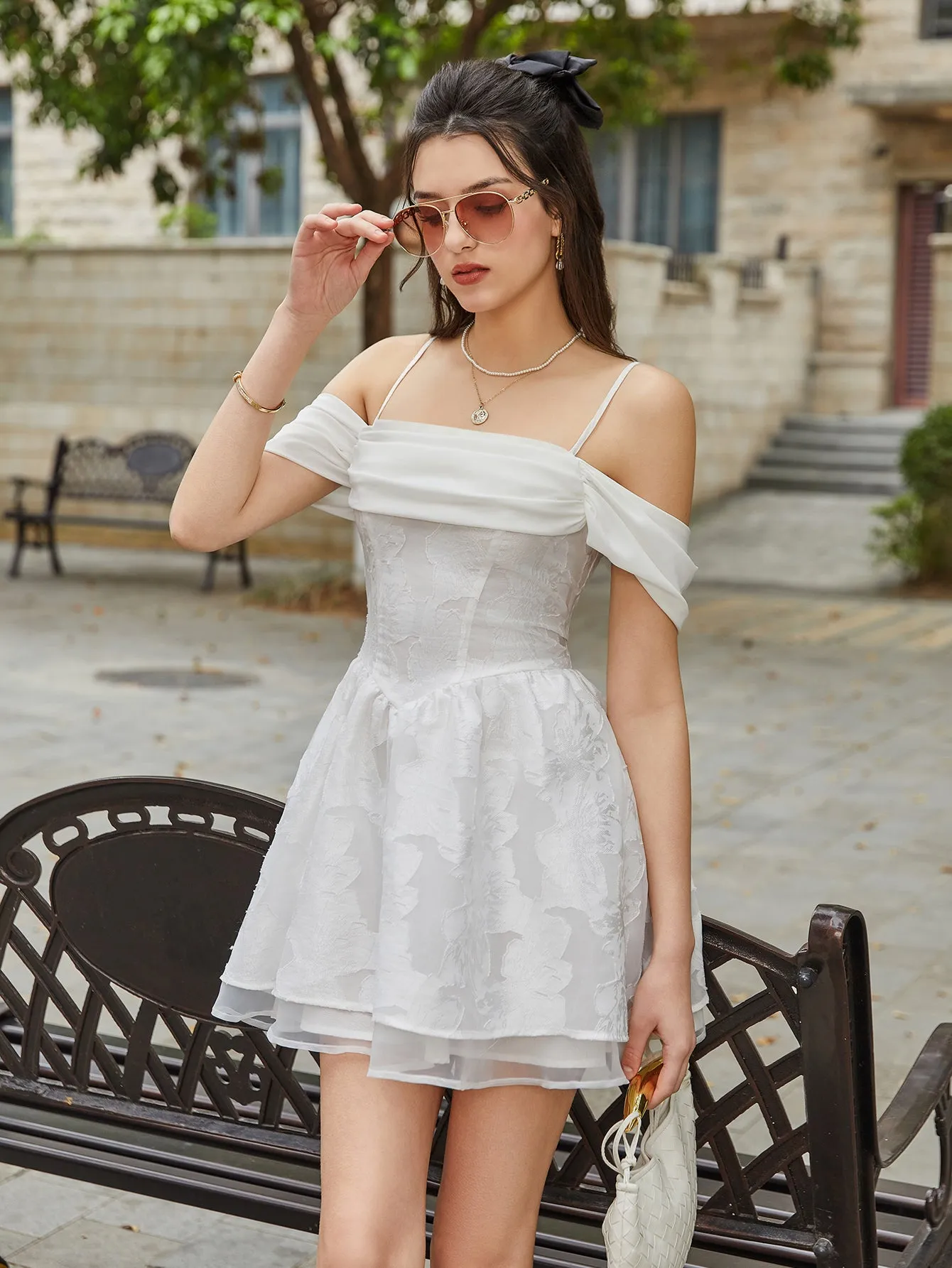 Off Shoulder Jacquard Crisscross Tie Back Cami Dress sold by Parthea Fashion product image thumbnail 3