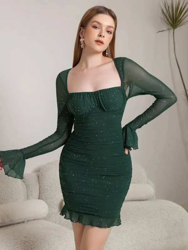 Flounce Sleeve Mesh Sparkly Mini Dress sold by Parthea Fashion