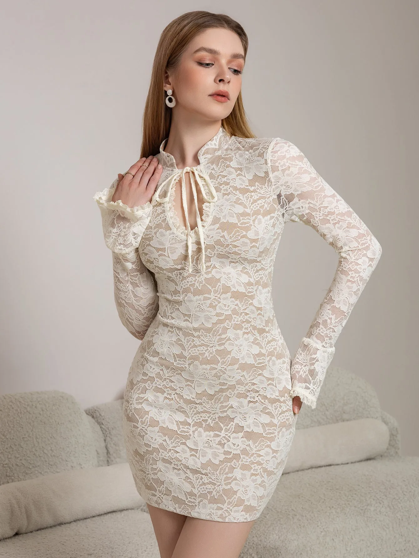 Flounce Sleeve Cut Out Tie Front Lace Mini Dress sold by Parthea Fashion