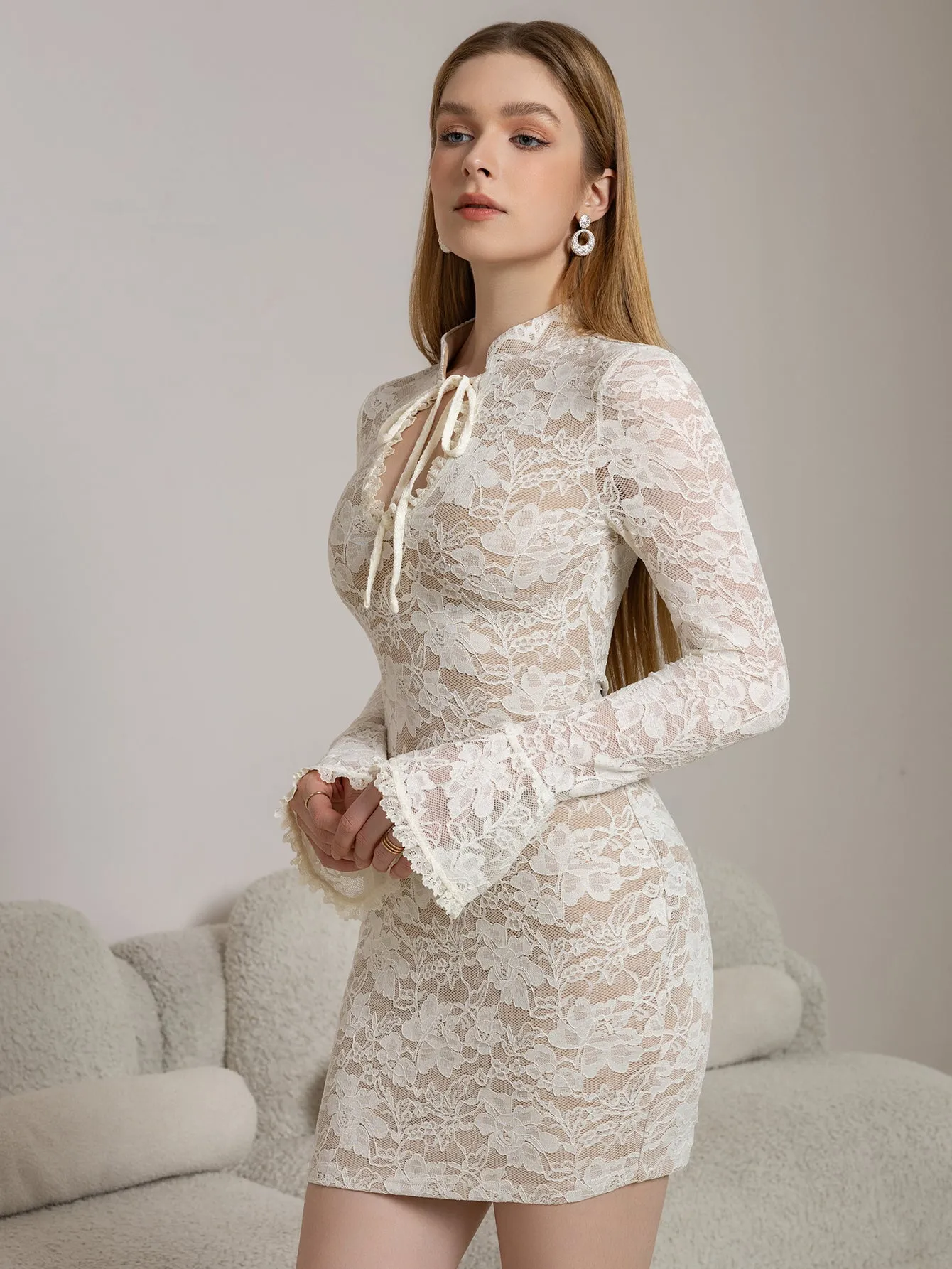 Flounce Sleeve Cut Out Tie Front Lace Mini Dress sold by Parthea Fashion product image thumbnail 4