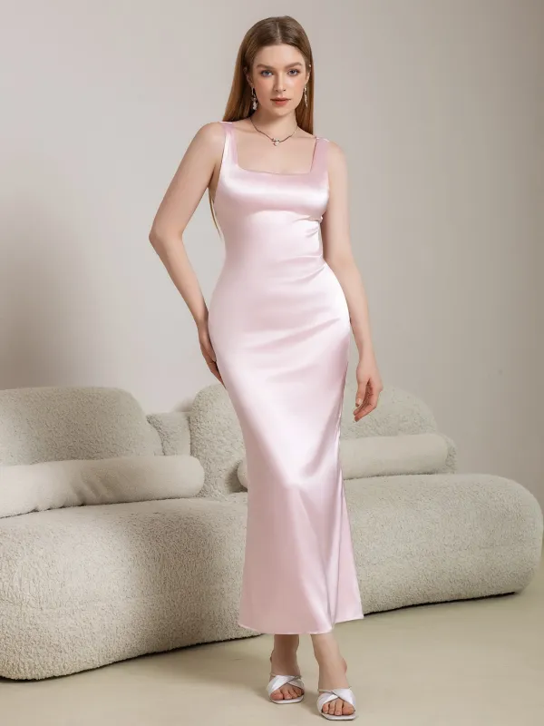 Crisscross Back Square Neck Satin Long Dress sold by Parthea Fashion