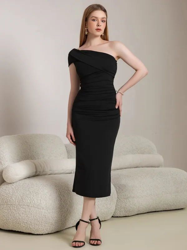 One Shoulder Ruched Solid Midi Dress sold by Parthea Fashion