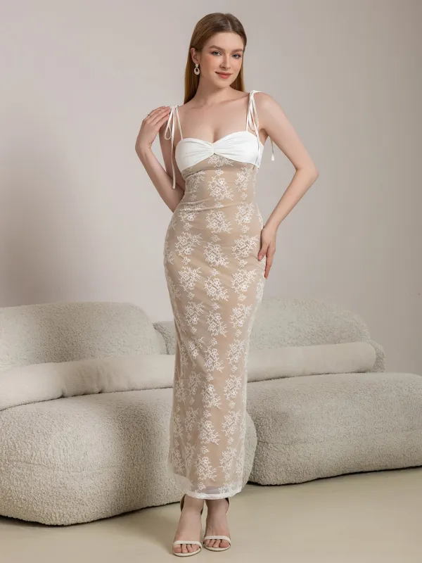 Tie Shoulder Contrast Lace Ruched Bodycon Lace Dress sold by Parthea Fashion