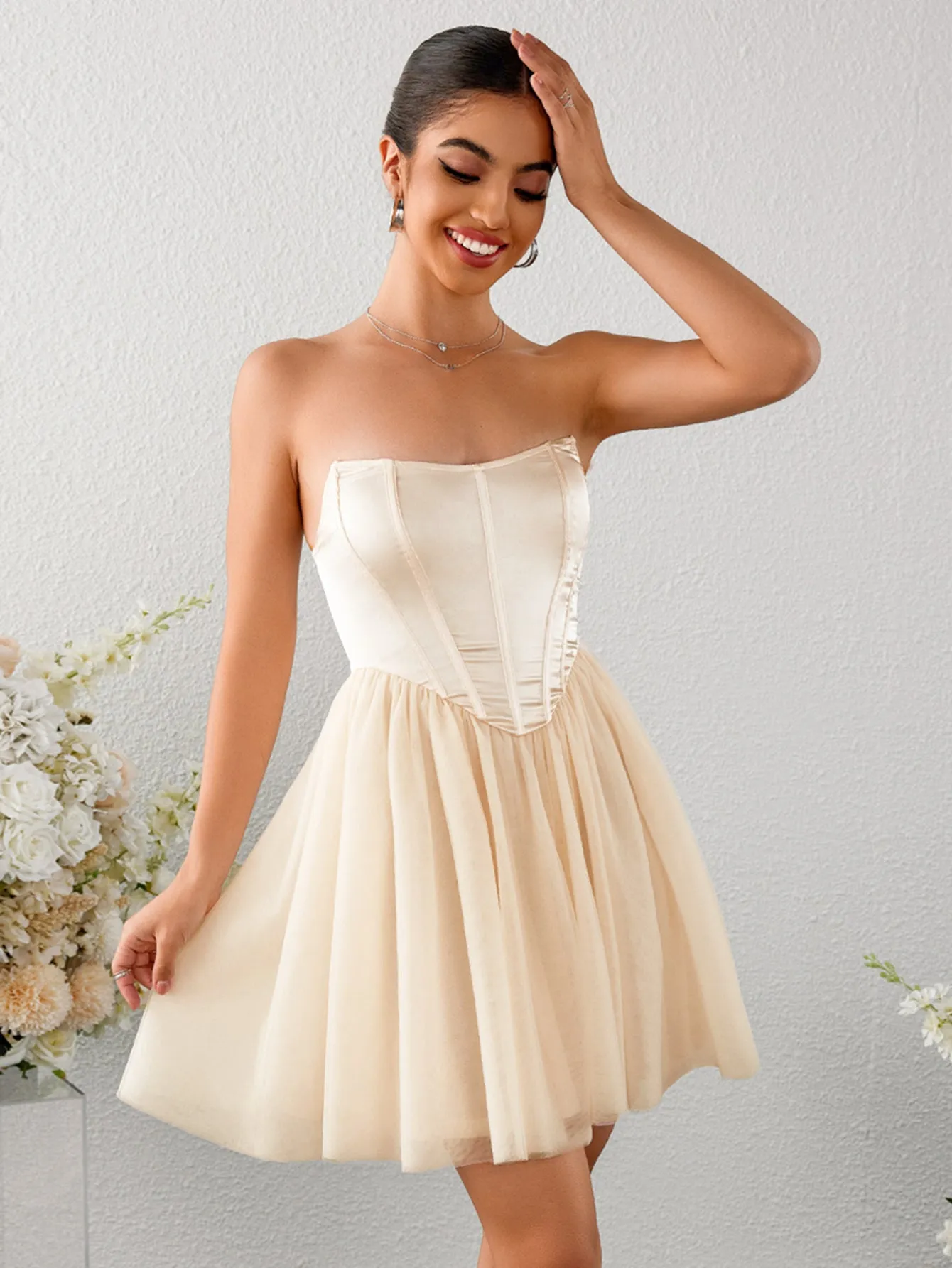 Satin Patchwork Mesh Backless Tube Dress sold by Parthea Fashion product image thumbnail 3