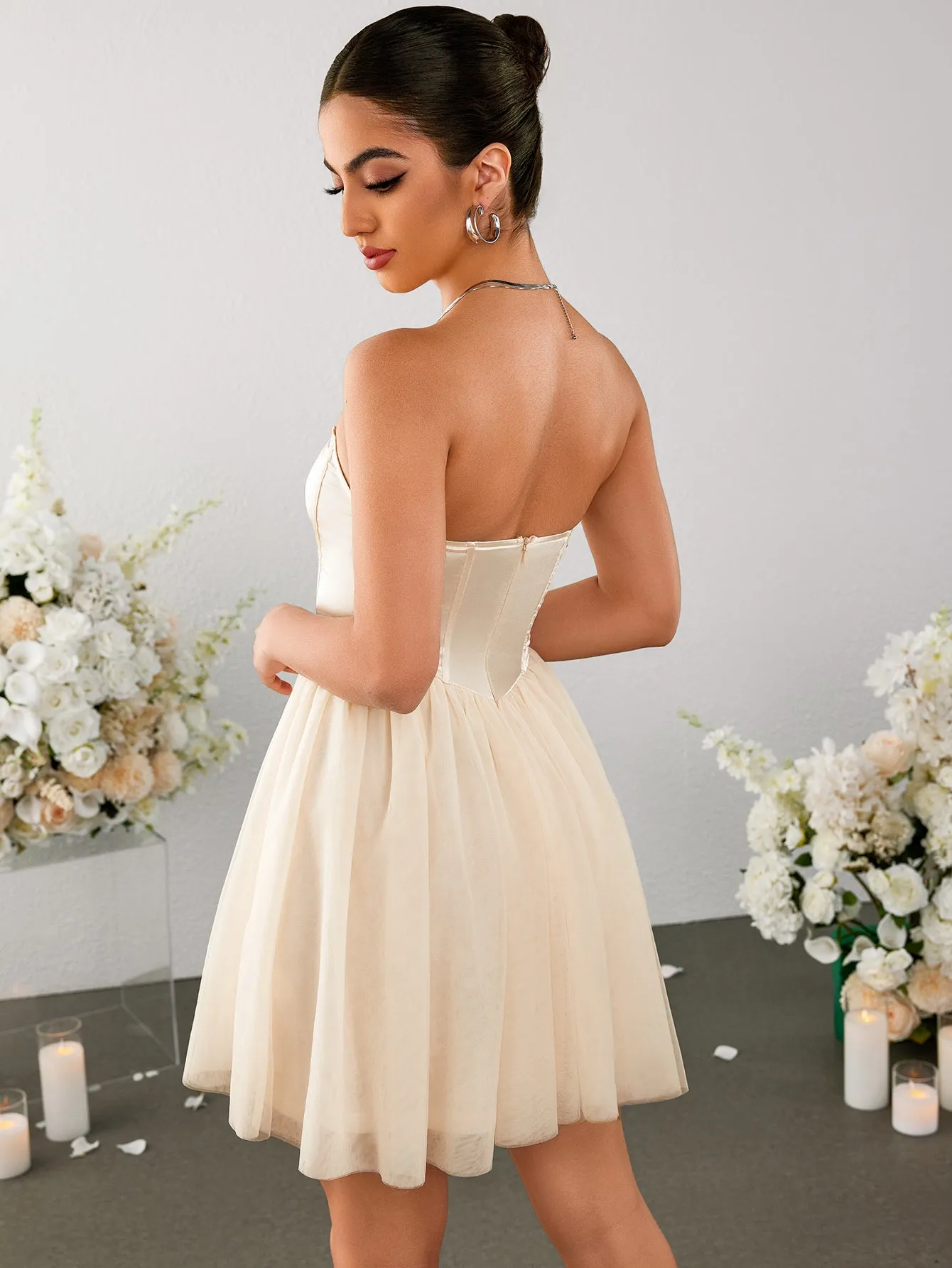 Satin Patchwork Mesh Backless Tube Dress sold by Parthea Fashion product image thumbnail 2