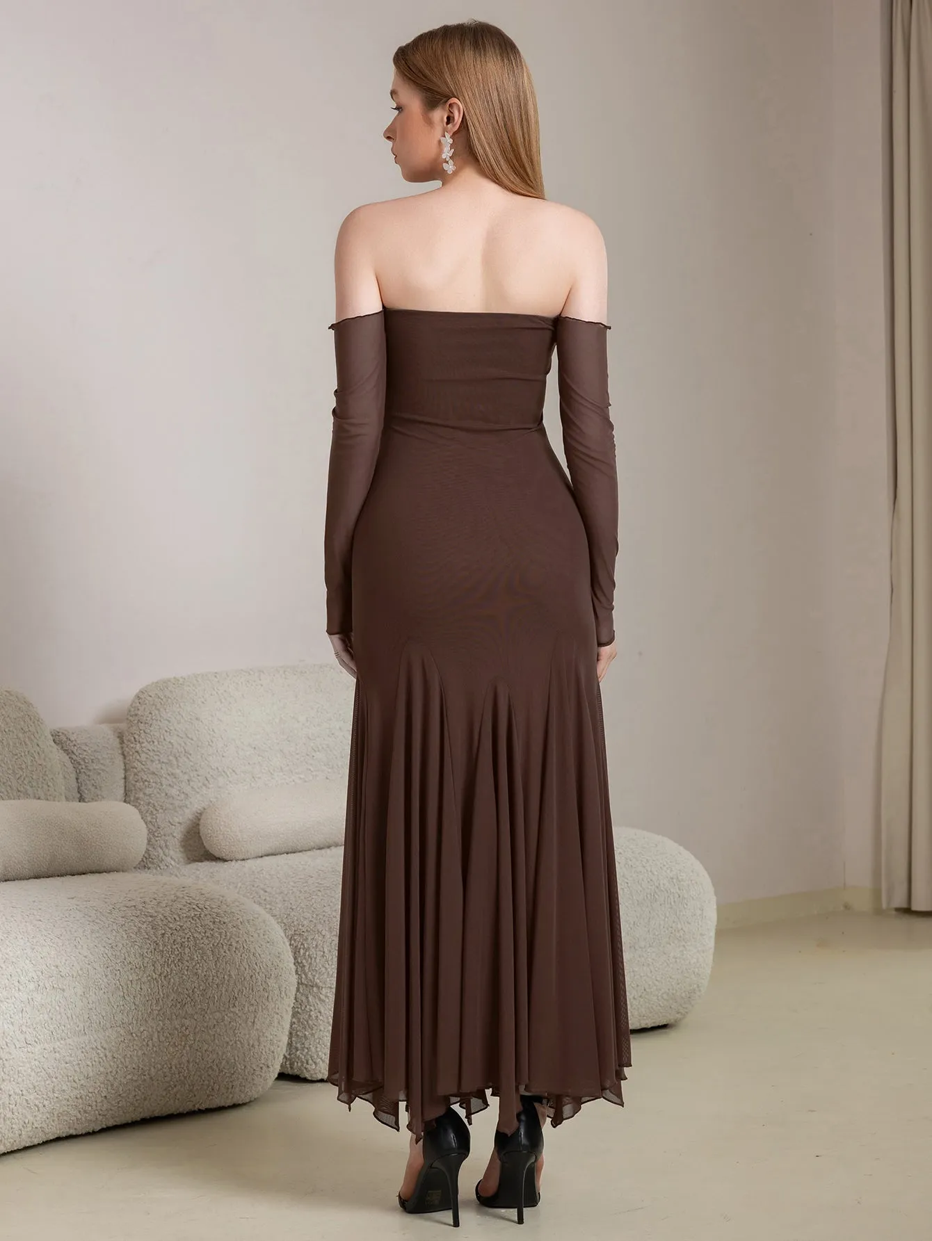 Off Shoulder Pleated Hem Mesh Bodycon Dress sold by Parthea Fashion product image thumbnail 2