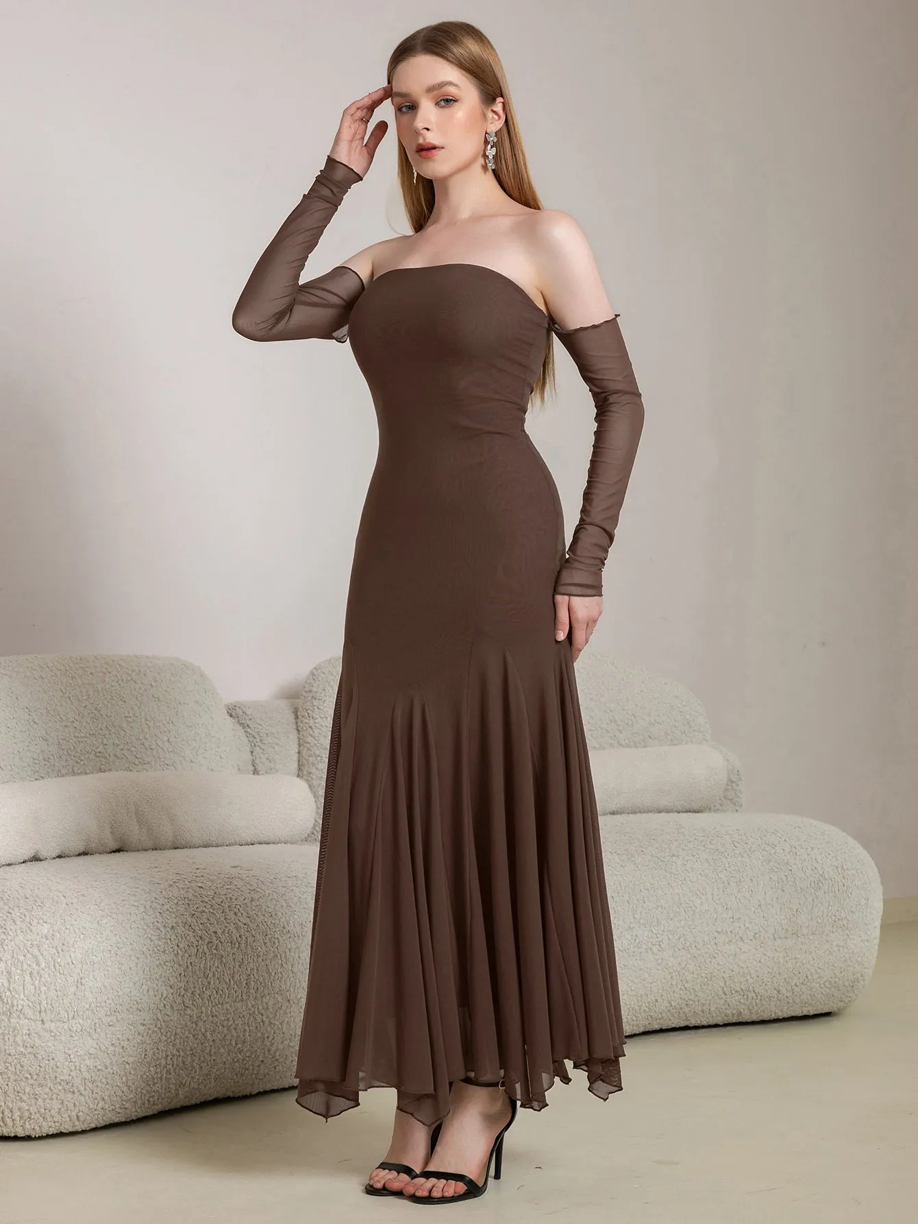 Off Shoulder Pleated Hem Mesh Bodycon Dress sold by Parthea Fashion product image thumbnail 4