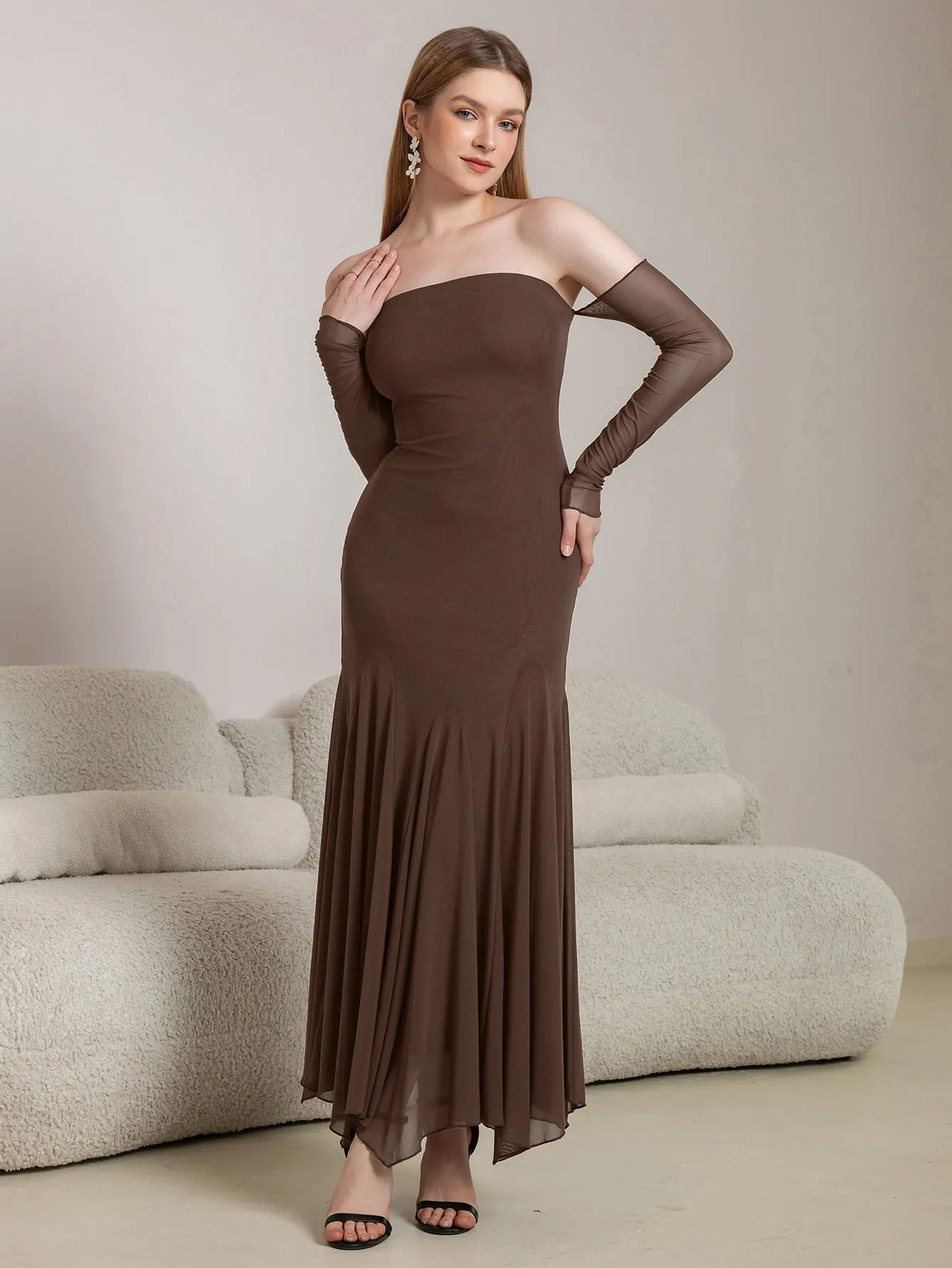 Off Shoulder Pleated Hem Mesh Bodycon Dress sold by Parthea Fashion