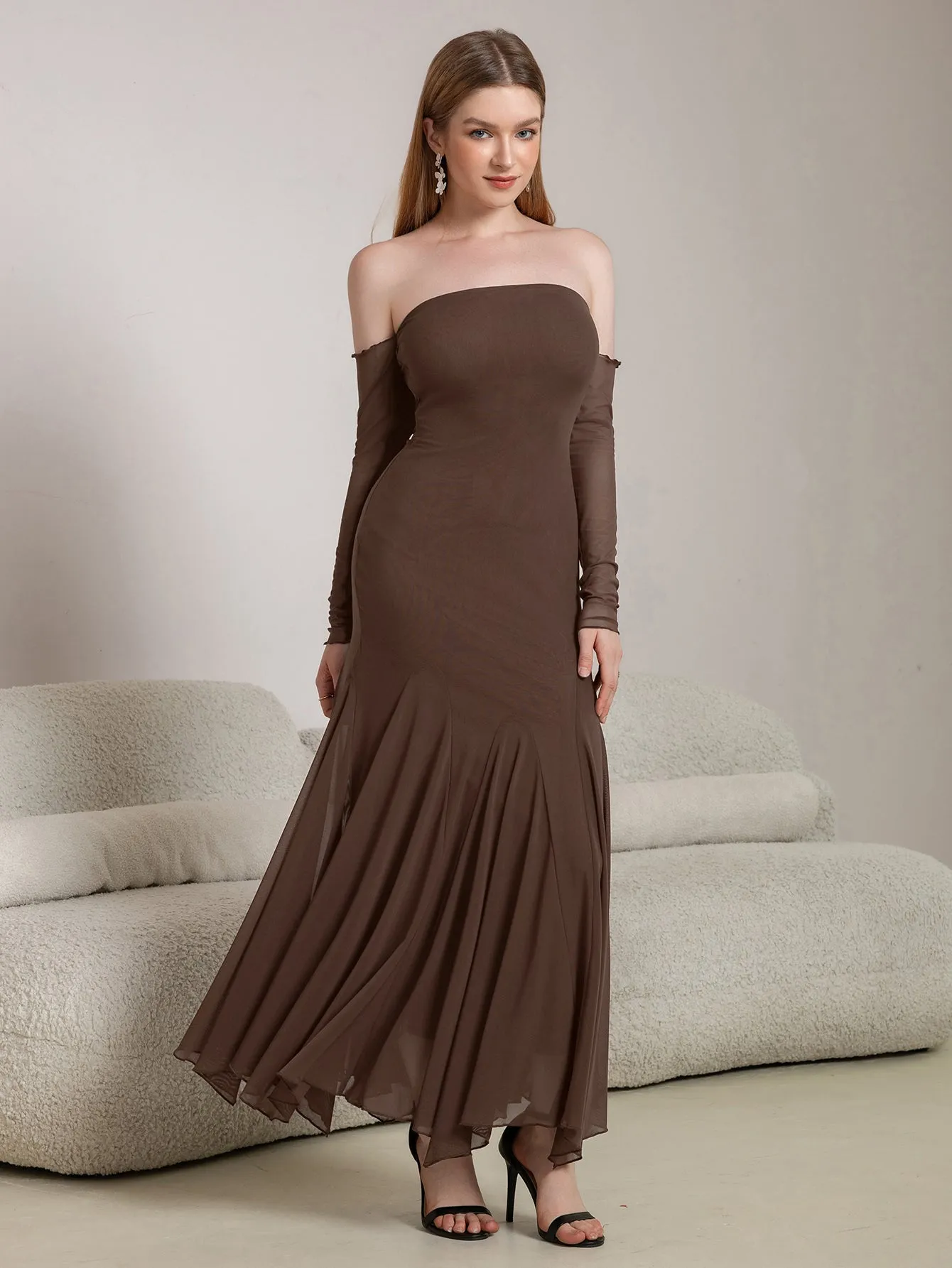 Off Shoulder Pleated Hem Mesh Bodycon Dress sold by Parthea Fashion product image thumbnail 3