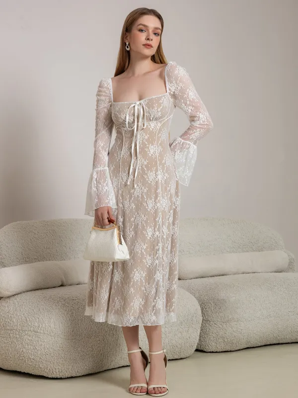 Tie Front Bell Sleeve Contrast Lace Long Dress sold by Parthea Fashion