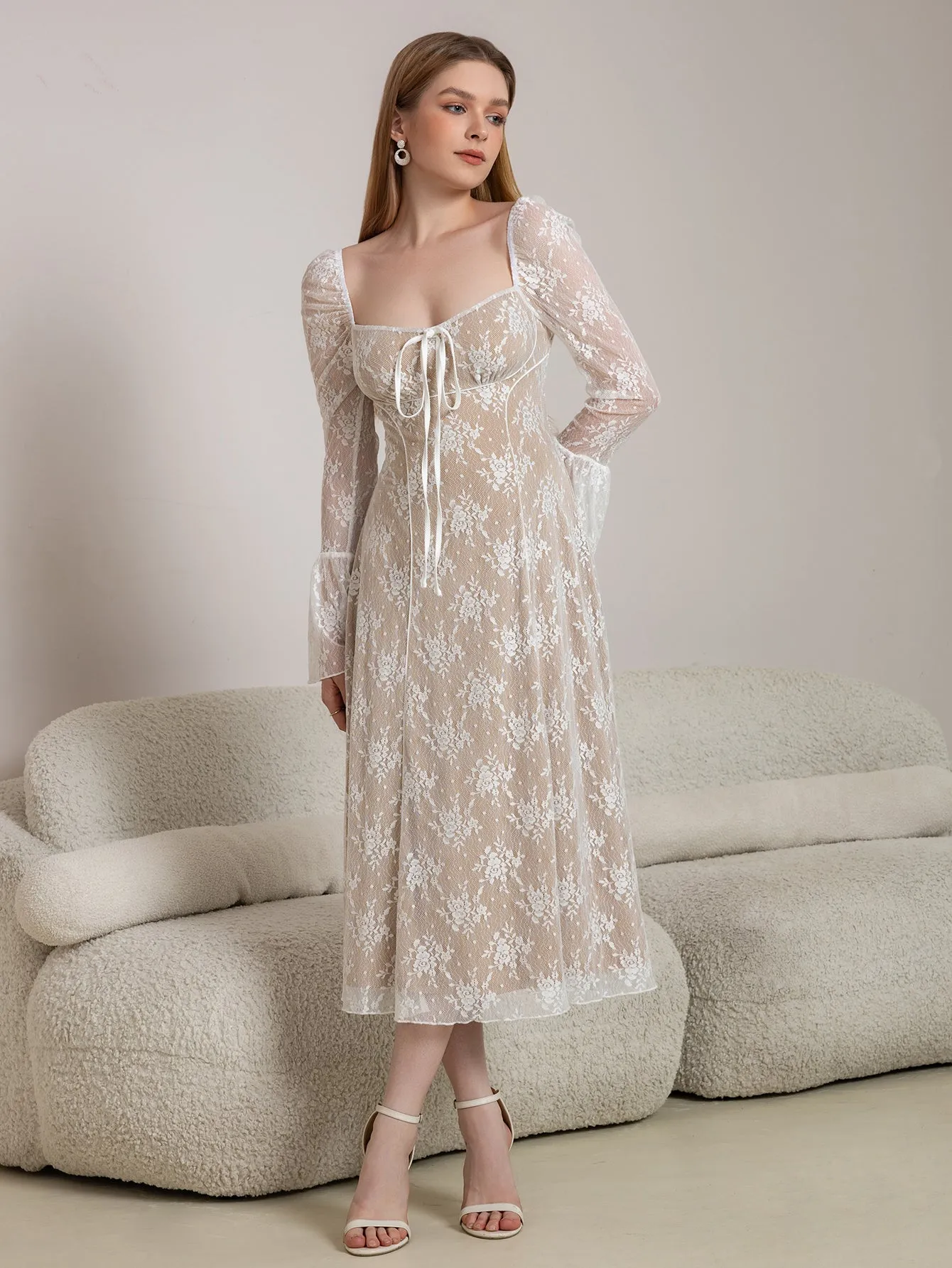 Tie Front Bell Sleeve Contrast Lace Long Dress sold by Parthea Fashion product image thumbnail 4