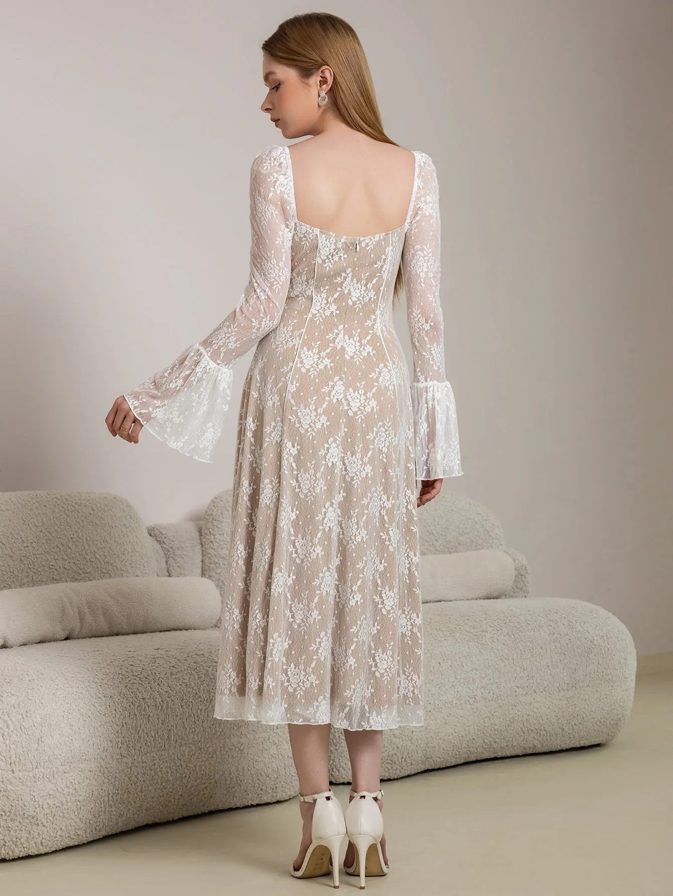 Tie Front Bell Sleeve Contrast Lace Long Dress sold by Parthea Fashion product image thumbnail 2